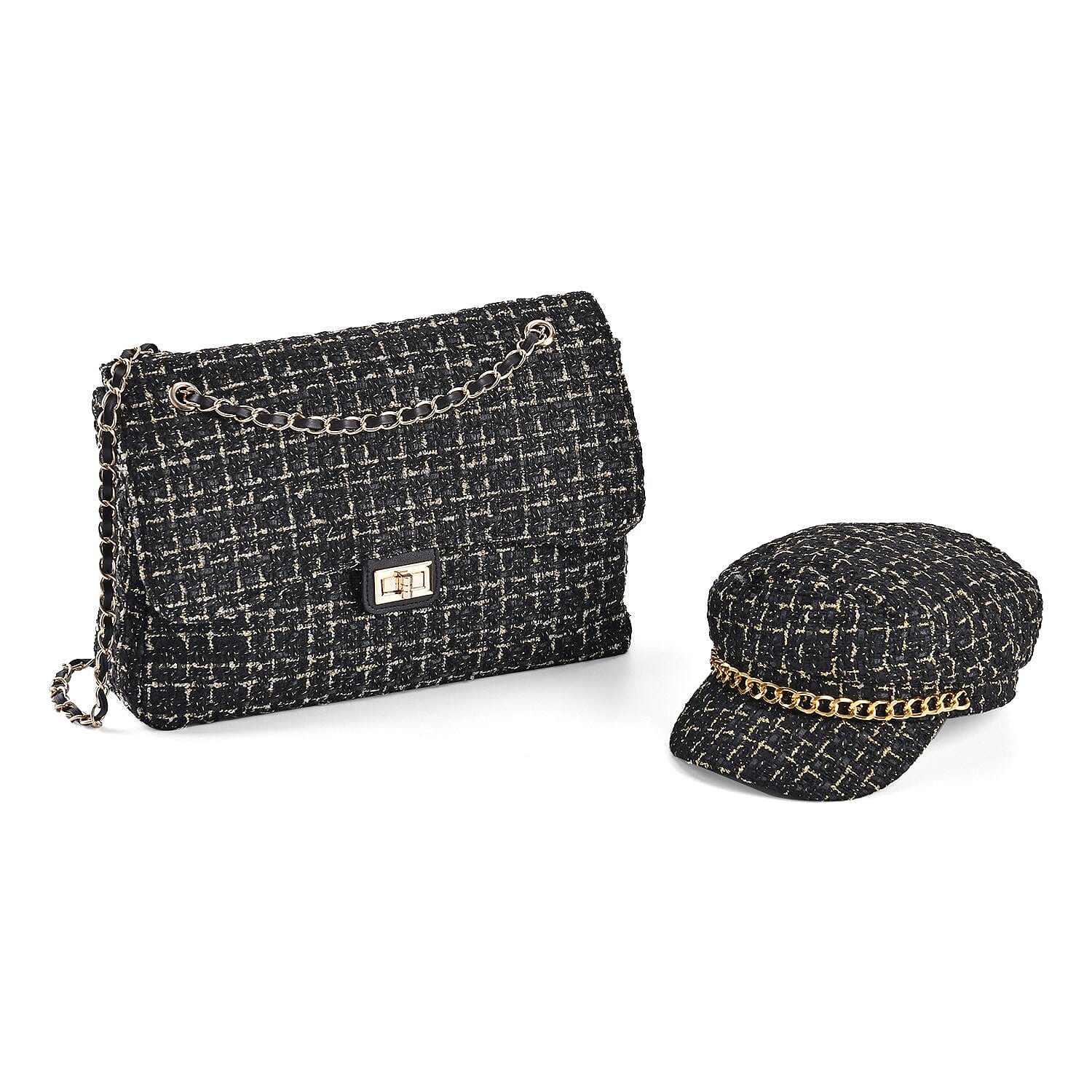 Closeout Deal- Combo Pack - Classic Checkered Pattern Shoulder Bag with Chain Strap - a Newsboy Cap - Black