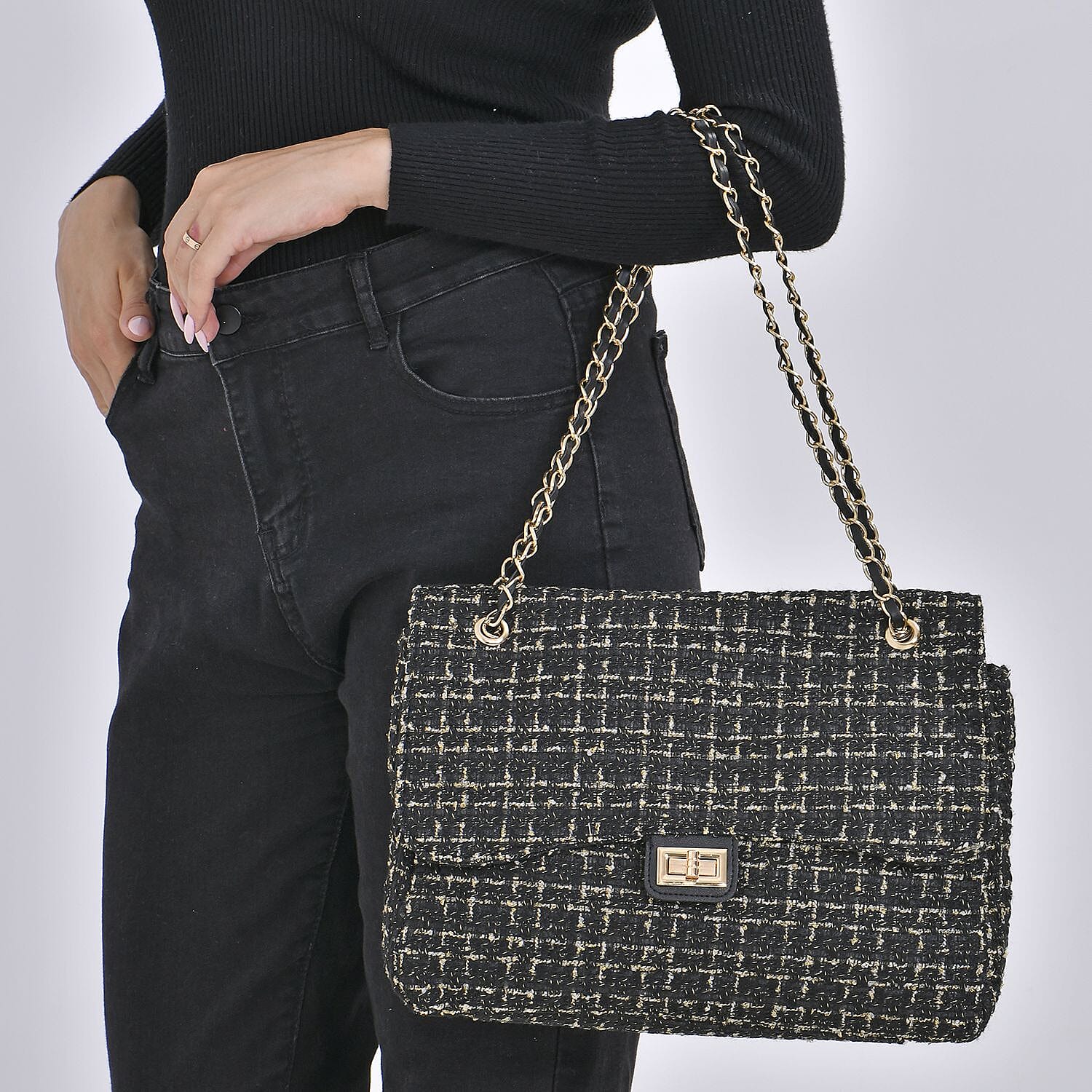 Closeout Deal- Combo Pack - Classic Checkered Pattern Shoulder Bag with Chain Strap - a Newsboy Cap - Black