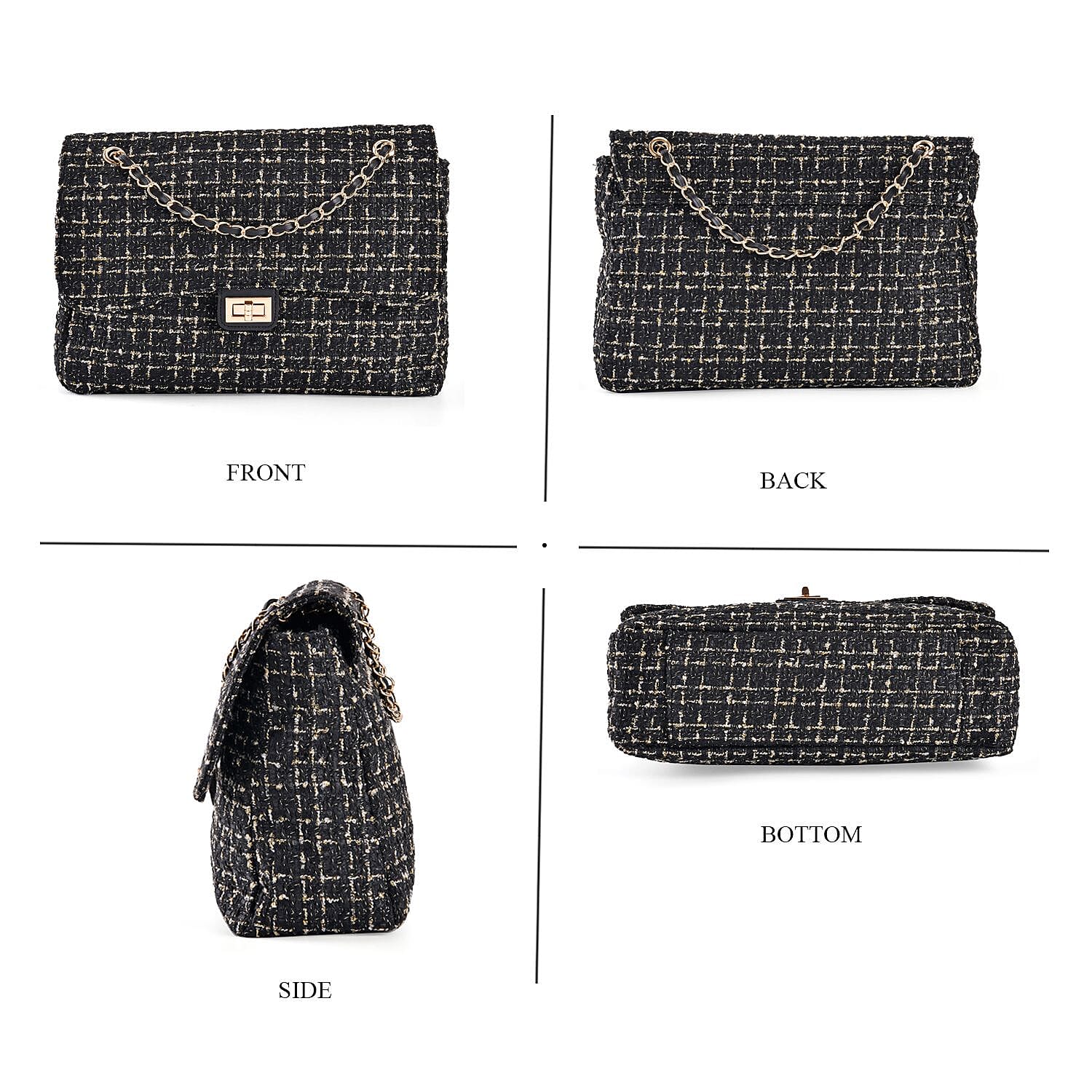 Closeout Deal- Combo Pack - Classic Checkered Pattern Shoulder Bag with Chain Strap - a Newsboy Cap - Black