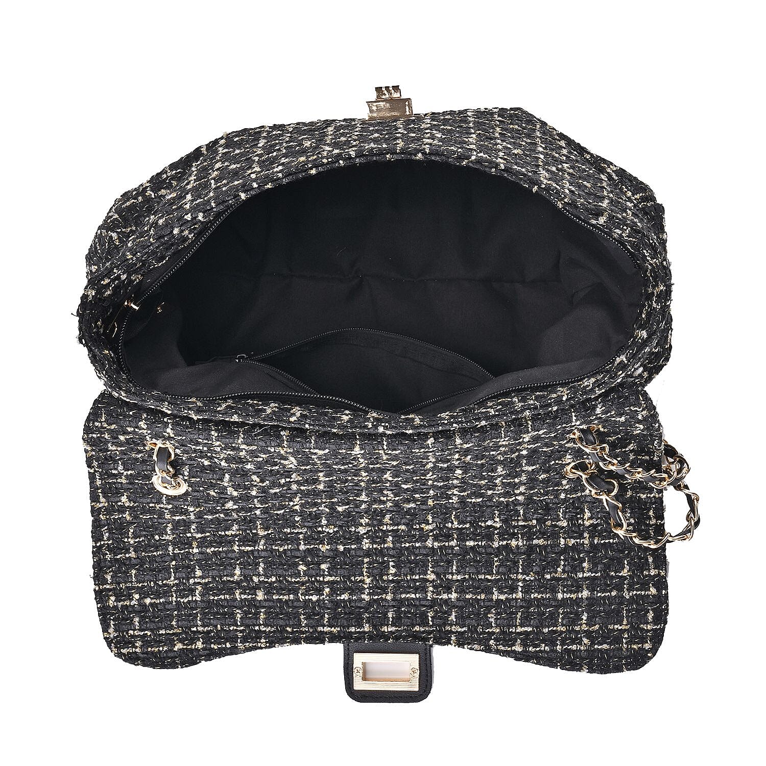 Closeout Deal- Combo Pack - Classic Checkered Pattern Shoulder Bag with Chain Strap - a Newsboy Cap - Black