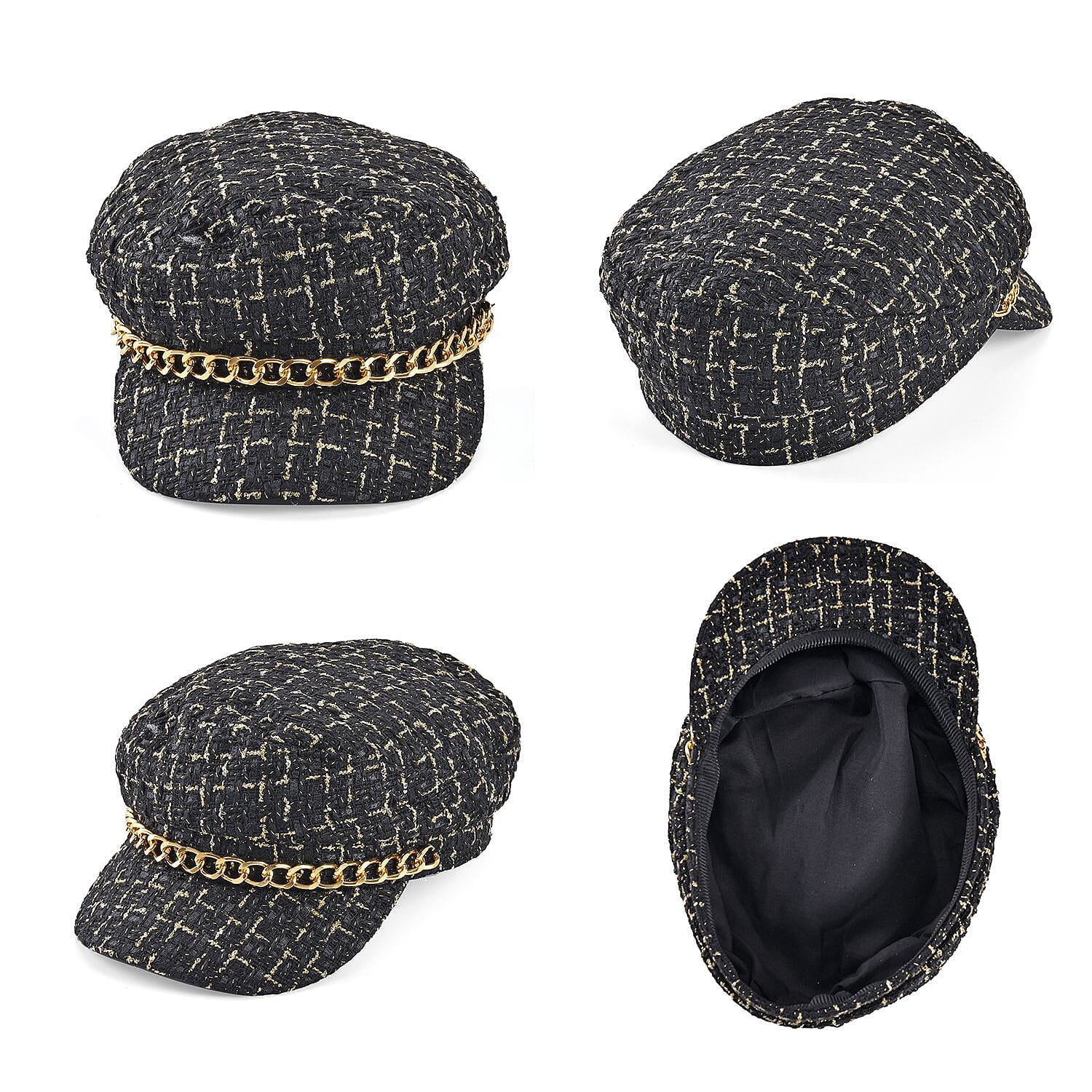 Closeout Deal- Combo Pack - Classic Checkered Pattern Shoulder Bag with Chain Strap - a Newsboy Cap - Black
