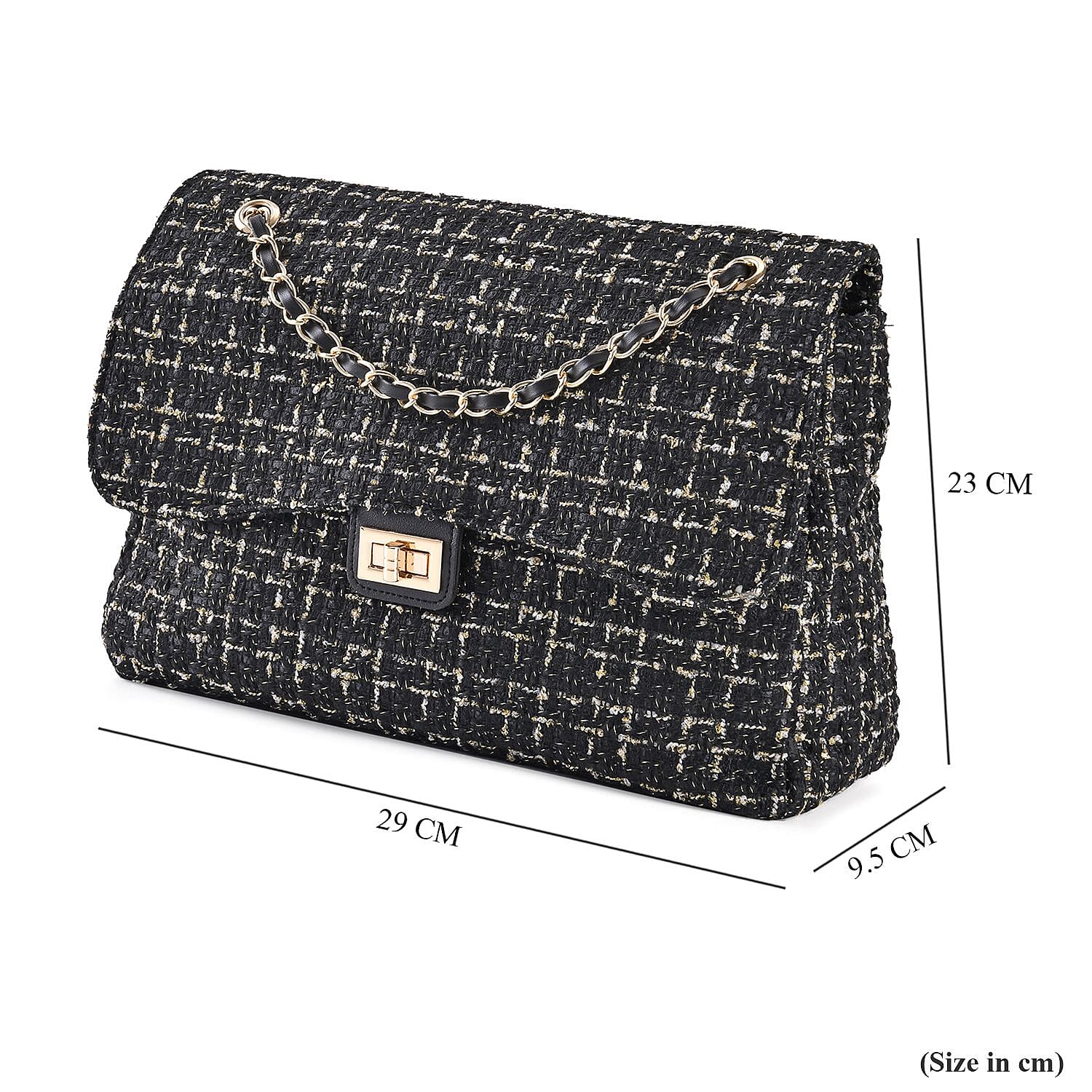 Closeout Deal- Combo Pack - Classic Checkered Pattern Shoulder Bag with Chain Strap - a Newsboy Cap - Black