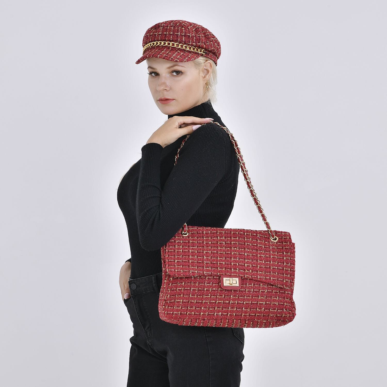 Closeout Deal- Combo Pack - Classic Checkered Pattern Shoulder Bag with Chain Strap - a Newsboy Cap - Red - Black