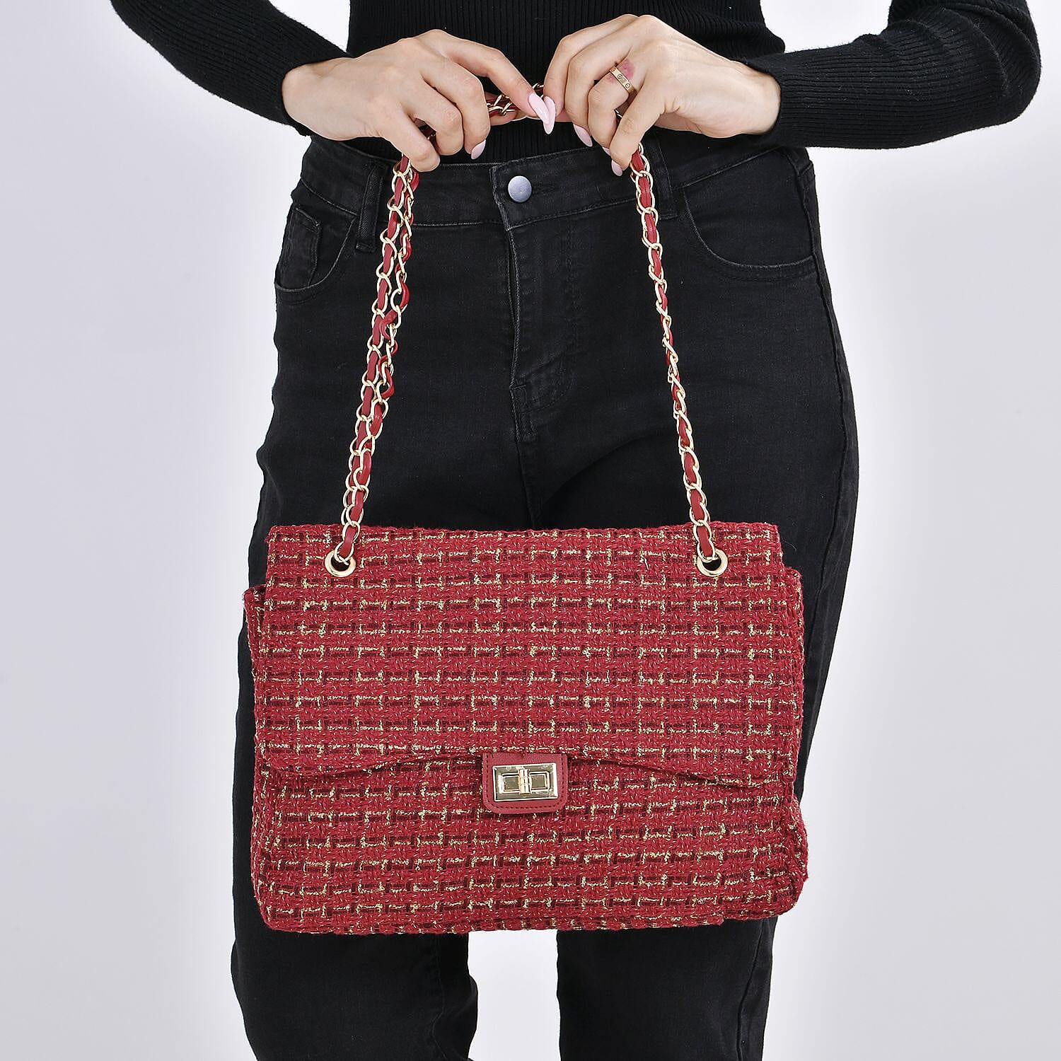 Closeout Deal- Combo Pack - Classic Checkered Pattern Shoulder Bag with Chain Strap - a Newsboy Cap - Red - Black