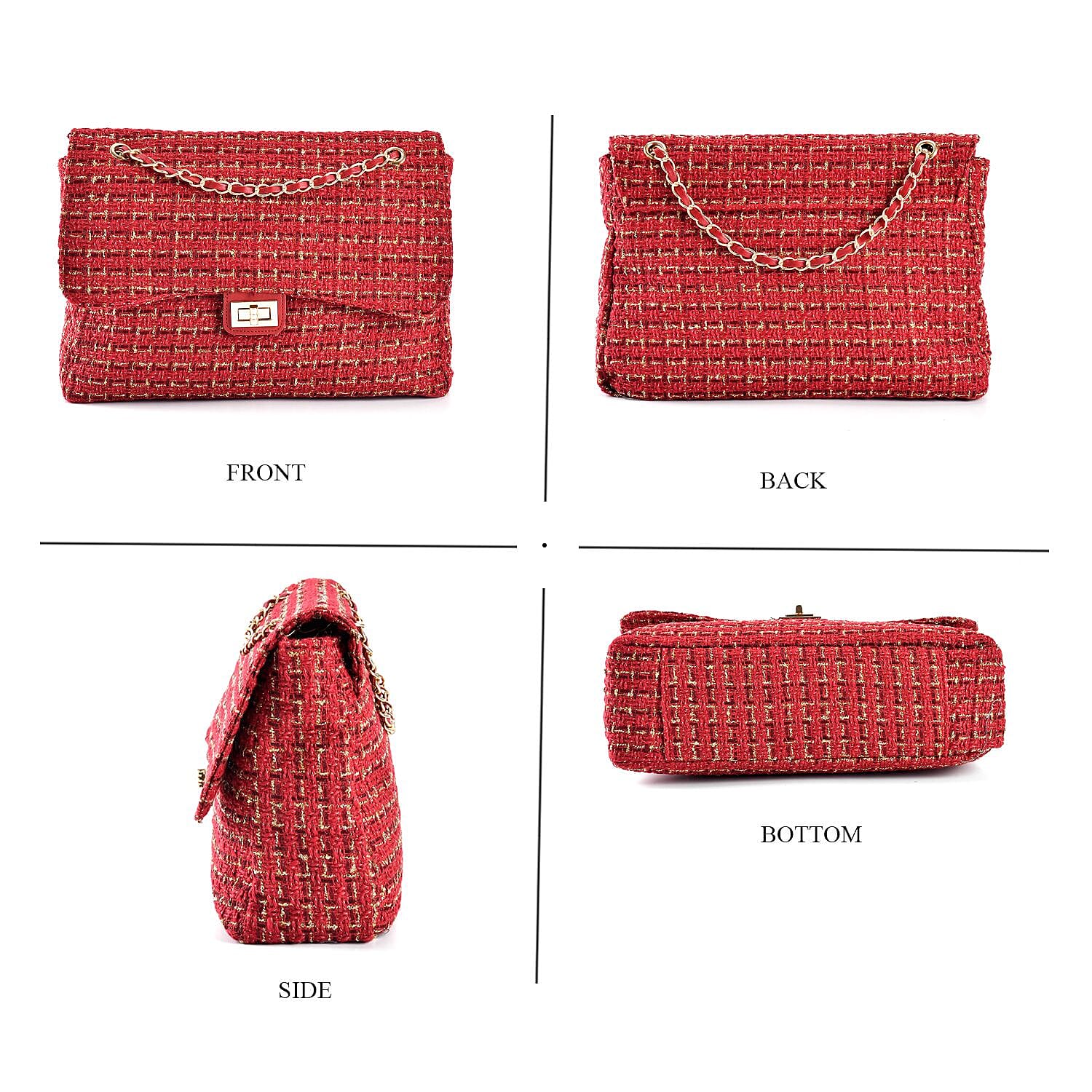 Closeout Deal- Combo Pack - Classic Checkered Pattern Shoulder Bag with Chain Strap - a Newsboy Cap - Red - Black