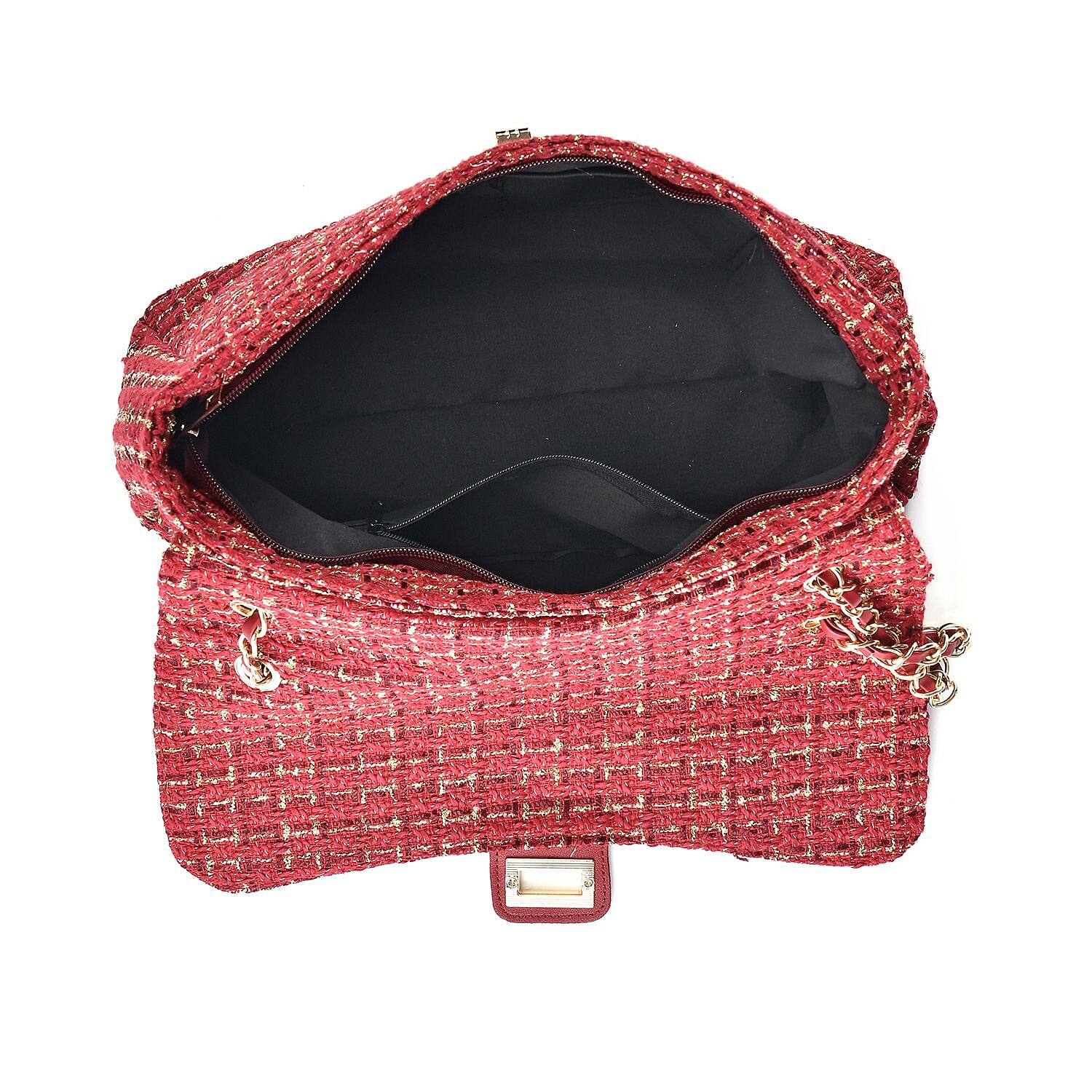 Closeout Deal- Combo Pack - Classic Checkered Pattern Shoulder Bag with Chain Strap - a Newsboy Cap - Red - Black