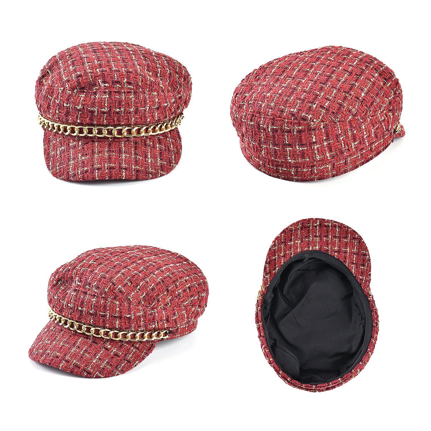 Closeout Deal- Combo Pack - Classic Checkered Pattern Shoulder Bag with Chain Strap - a Newsboy Cap - Red - Black