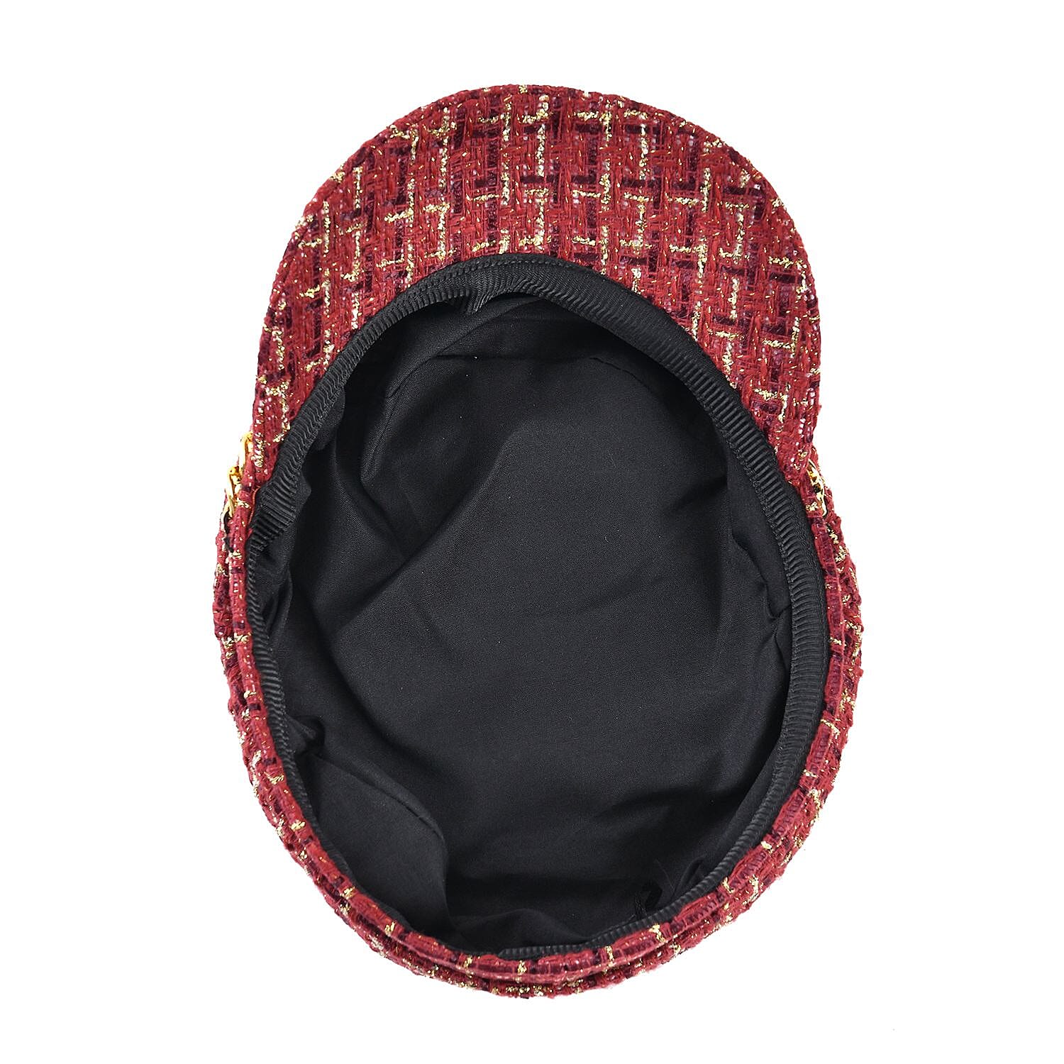 Closeout Deal- Combo Pack - Classic Checkered Pattern Shoulder Bag with Chain Strap - a Newsboy Cap - Red - Black