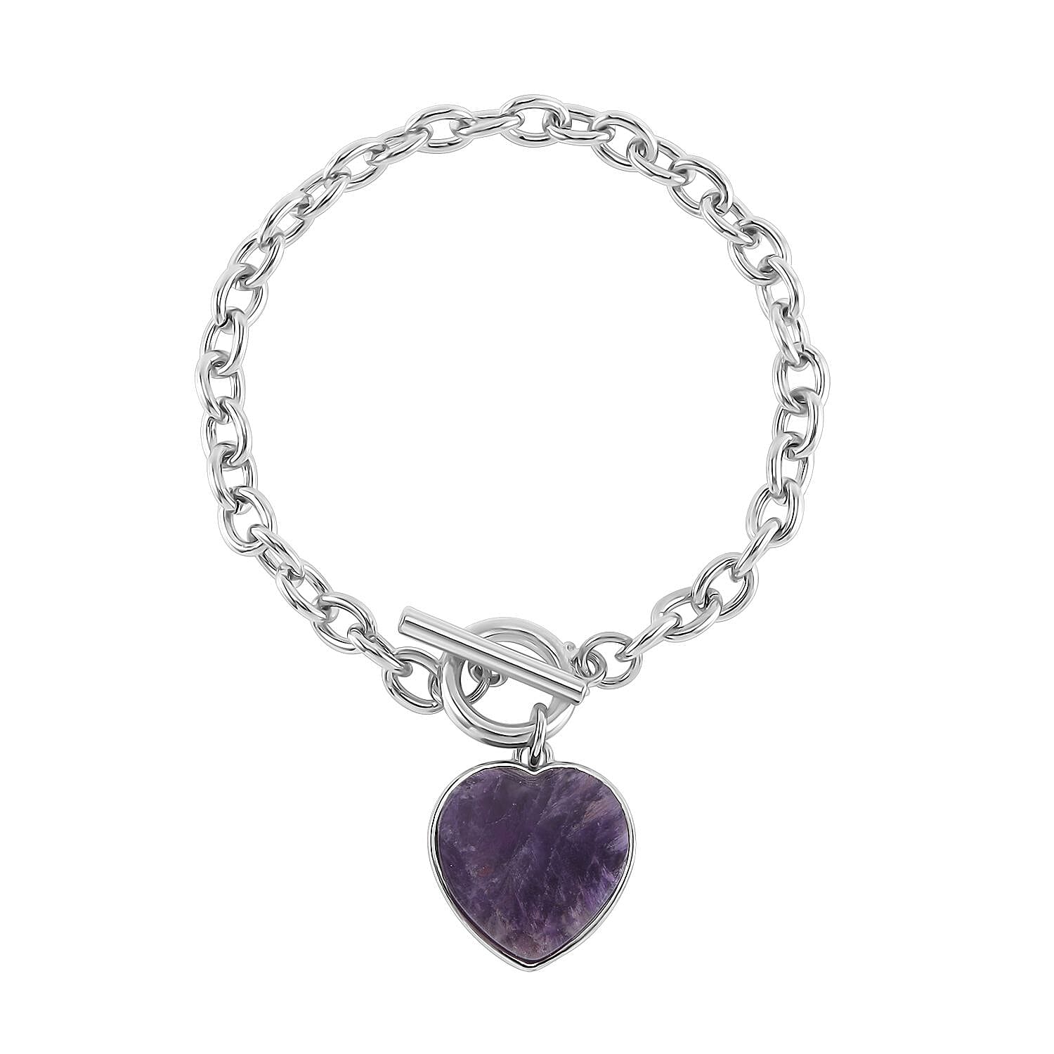 Amethyst Flat Heart Charm Toggle Lock Bracelet (Size - 7.5)