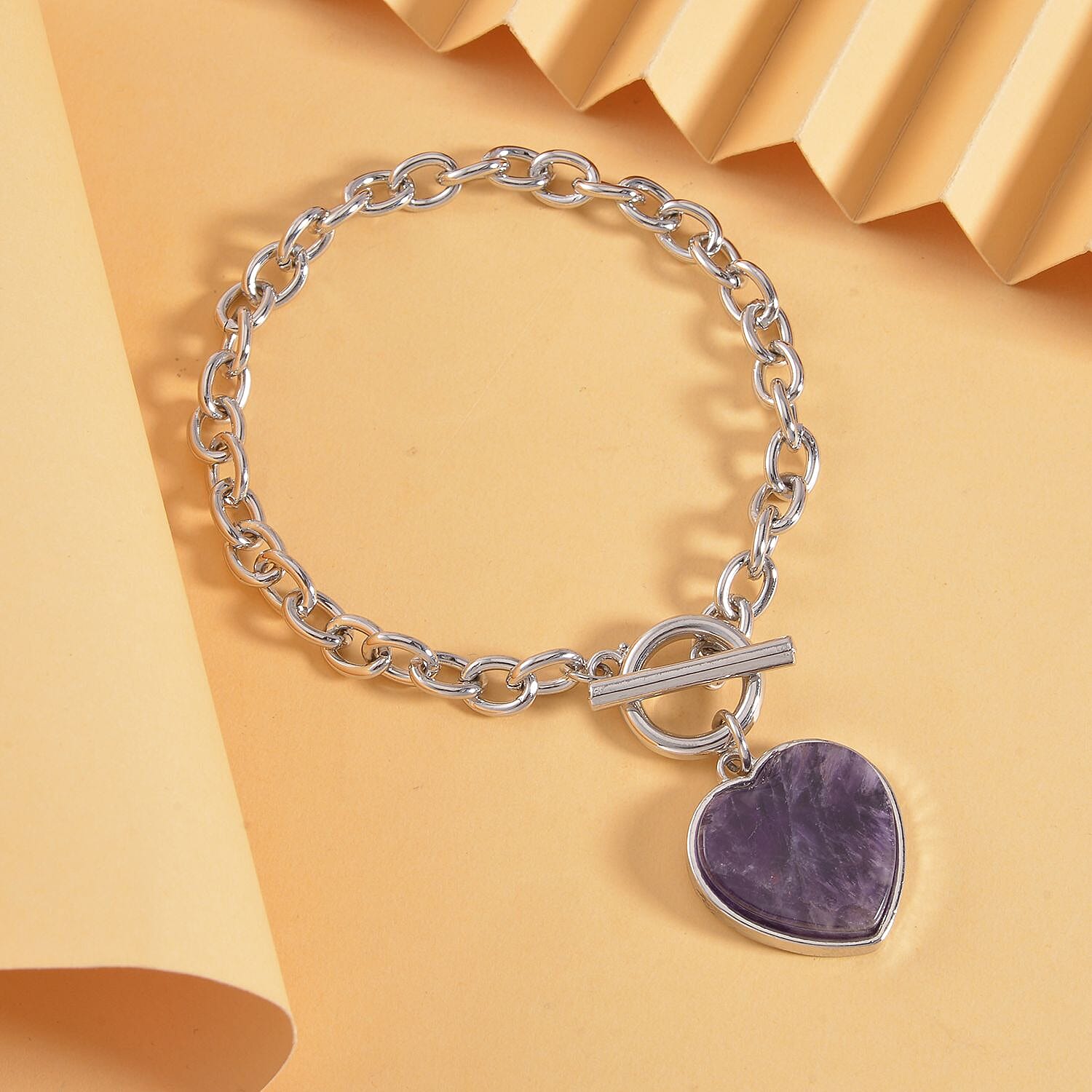 Amethyst Flat Heart Charm Toggle Lock Bracelet (Size - 7.5)