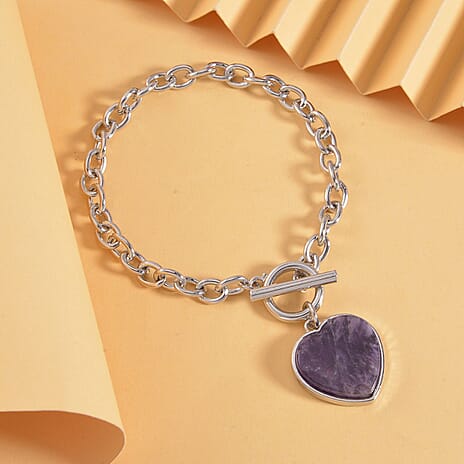 Amethyst Flat Heart Charm Toggle Lock Bracelet (Size - 7.5)
