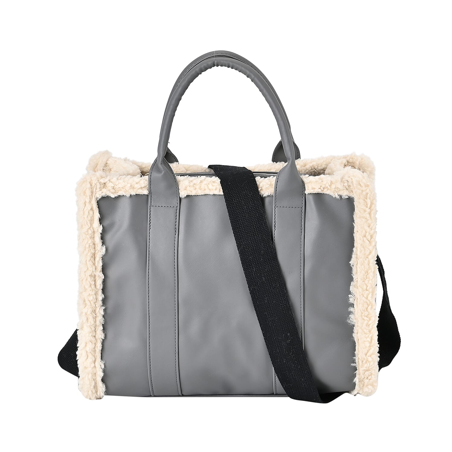 Leatherette Crossbody Bag with Exterior Zipped Pocket - Shoulder Strap - Grey - White