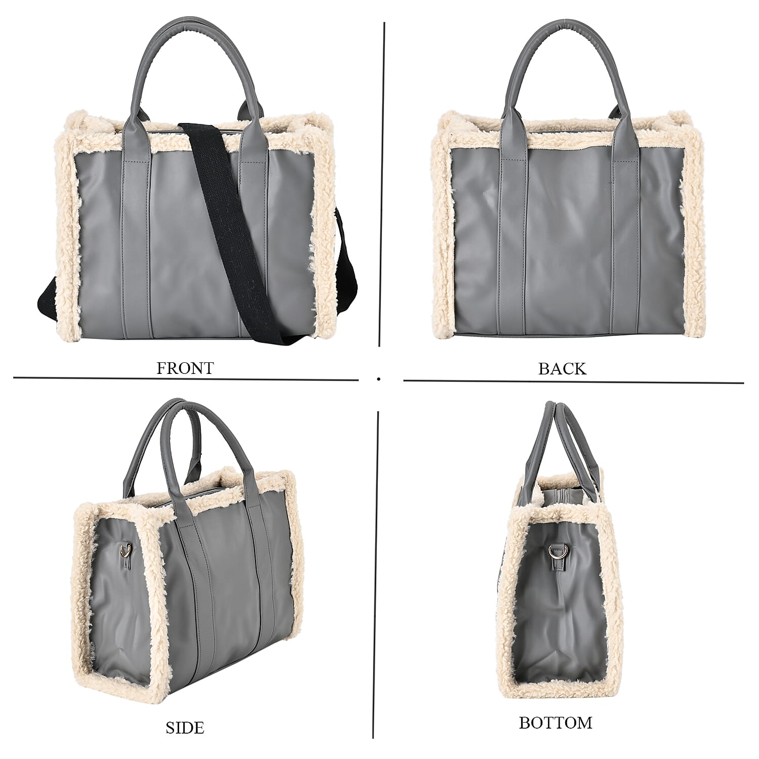 Leatherette Crossbody Bag with Exterior Zipped Pocket - Shoulder Strap - Grey - White