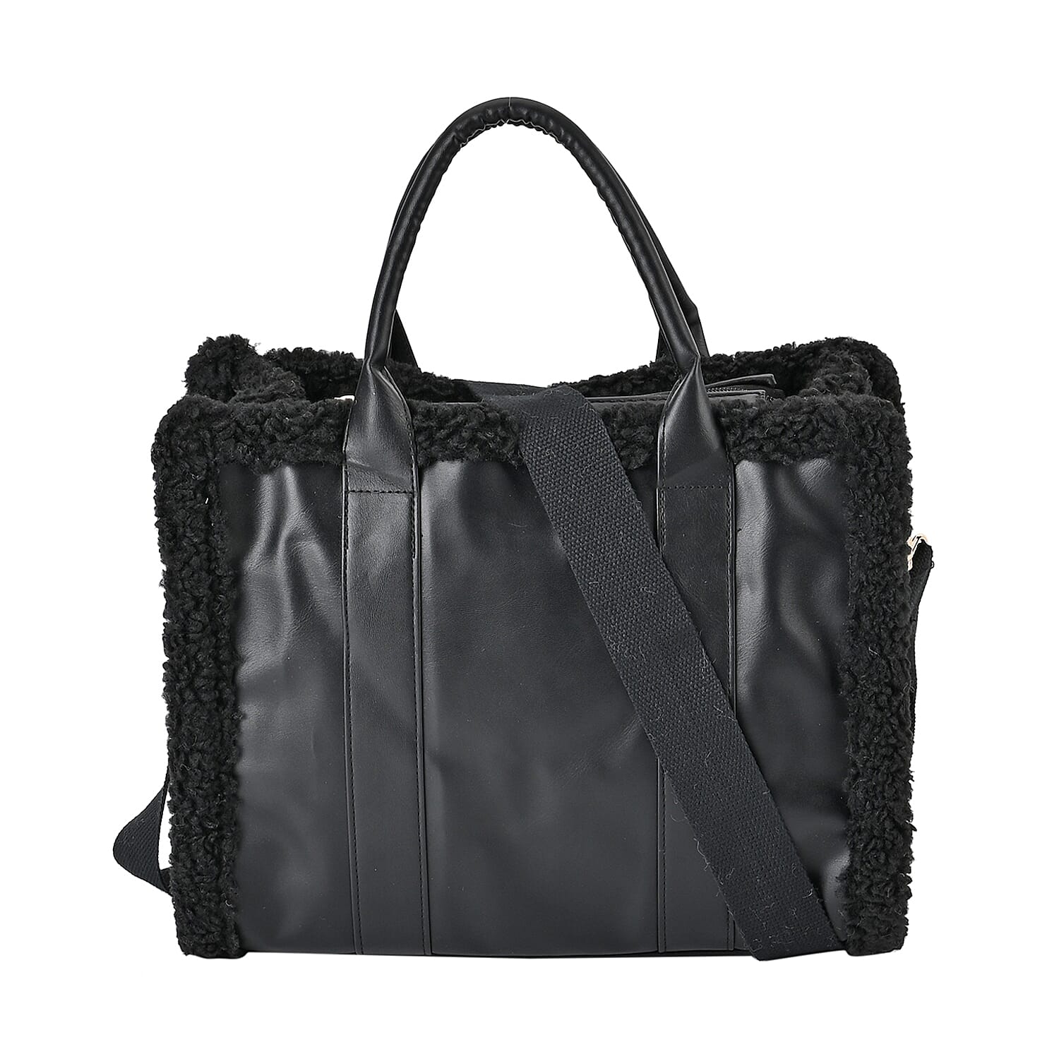 Leatherette Crossbody Bag with Exterior Zipped Pocket & Shoulder Strap - Black