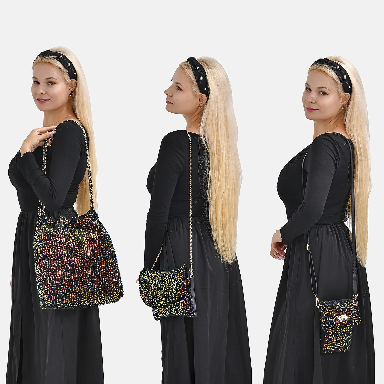  Set of 3 Sequin Bag (Includes Shoulder Bag, Crossbody Bag & Clutch Bag) - Multi