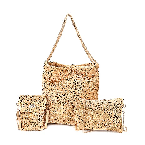 Set of 3 Sequin Bag (Includes Shoulder Bag, Crossbody Bag & Clutch Bag) - Champagne