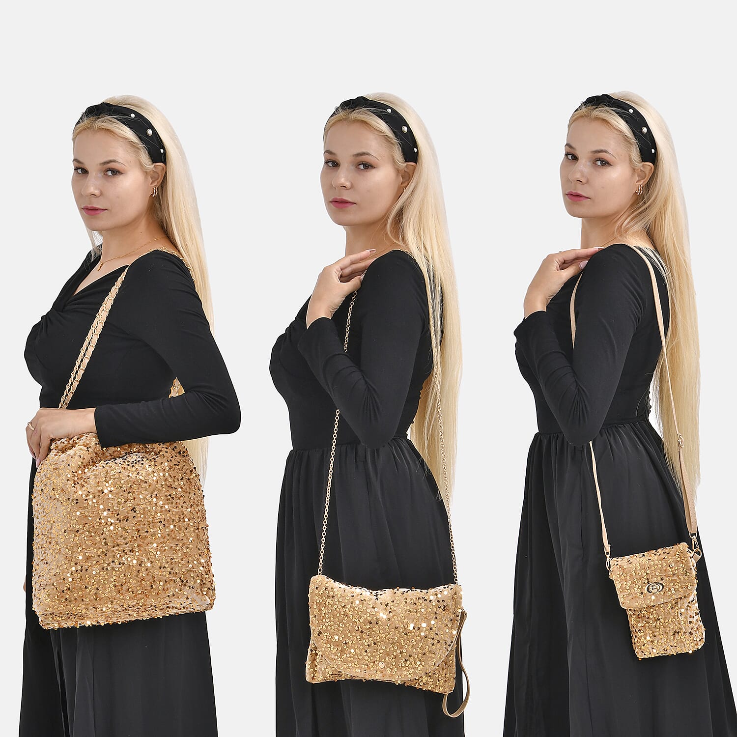 Set of 3 Sequin Bag (Includes Shoulder Bag, Crossbody Bag & Clutch Bag) - Champagne