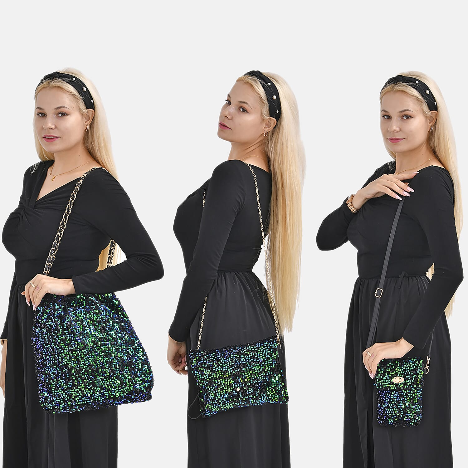 Set of 3 Sequin Bag (Includes Shoulder Bag, Crossbody Bag - Clutch Bag) - Green