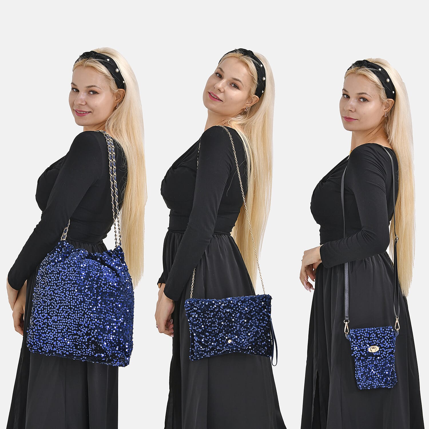 Set of 3 Sequin Bag (Includes Shoulder Bag, Crossbody Bag & Clutch Bag) - Navy
