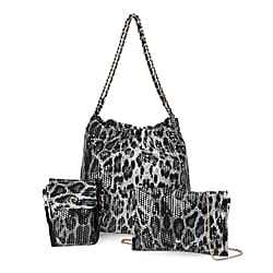 Set of 3 Leopard Print Sequin Bag (Includes Shoulder Bag, Crossbody Bag - Clutch Bag) - Grey