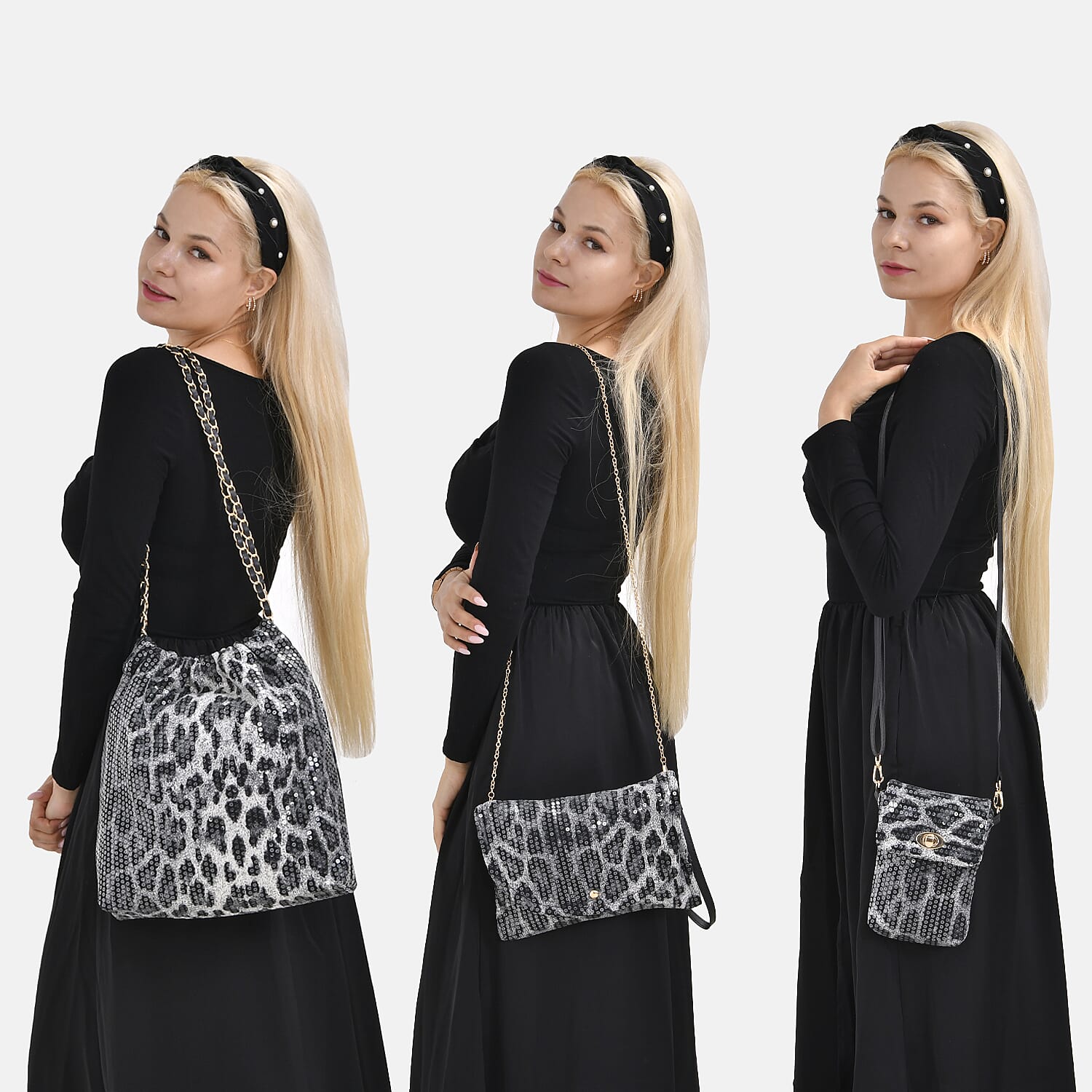 Set of 3 Leopard Print Sequin Bag (Includes Shoulder Bag, Crossbody Bag - Clutch Bag) - Grey