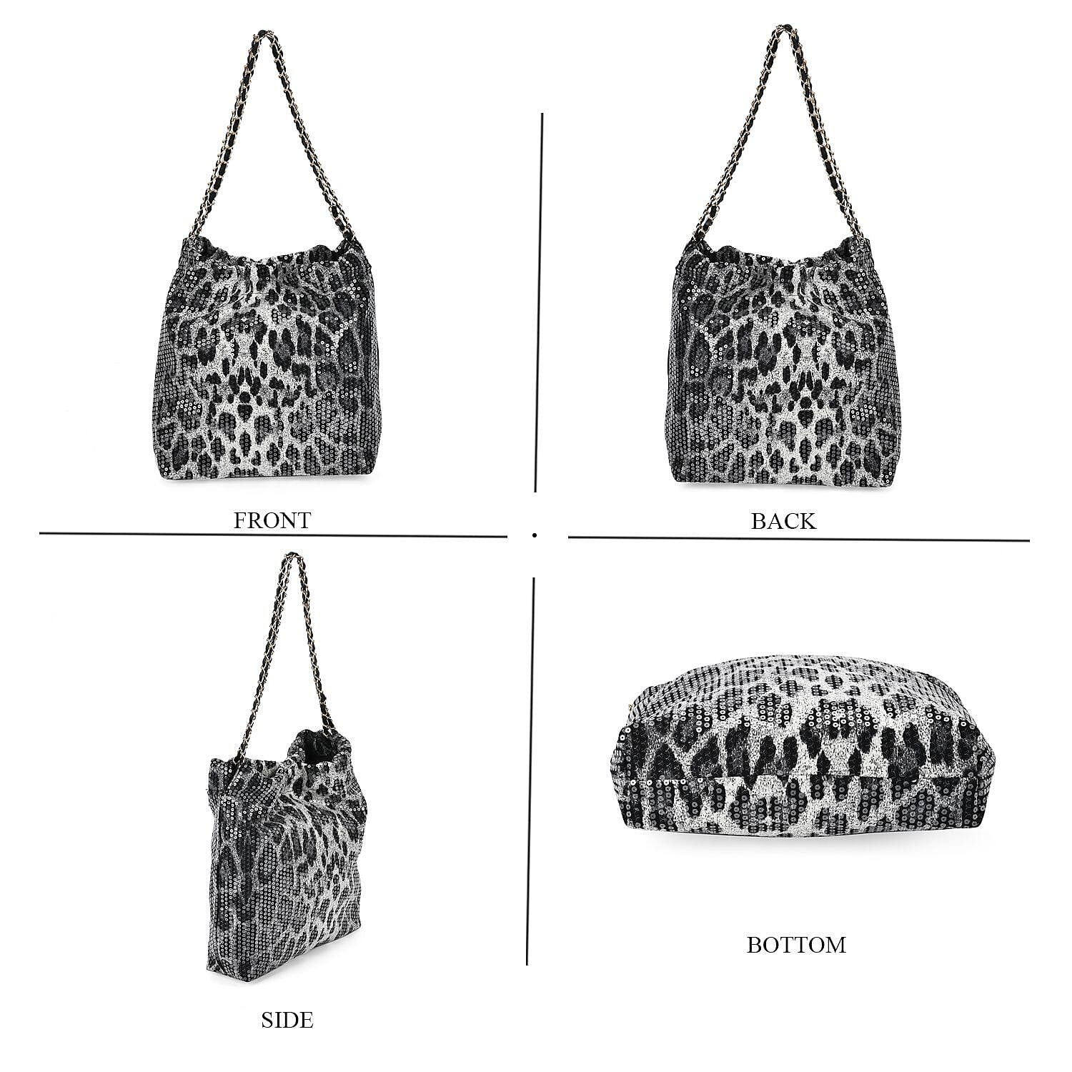 Set of 3 Leopard Print Sequin Bag (Includes Shoulder Bag, Crossbody Bag - Clutch Bag) - Grey