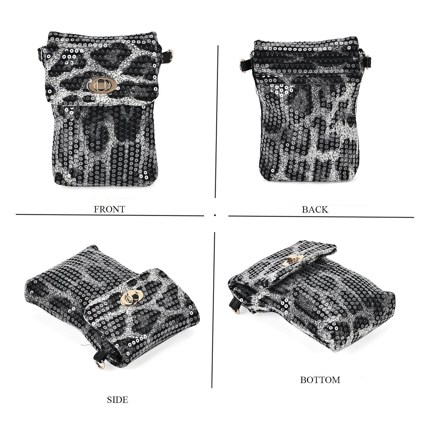 Set of 3 Leopard Print Sequin Bag (Includes Shoulder Bag, Crossbody Bag - Clutch Bag) - Grey