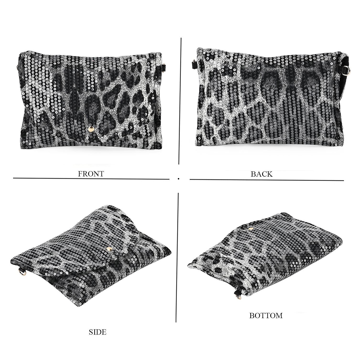 Set of 3 Leopard Print Sequin Bag (Includes Shoulder Bag, Crossbody Bag - Clutch Bag) - Grey