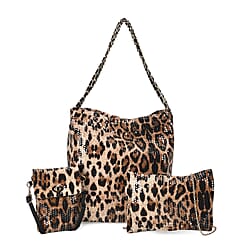 Set of 3 Leopard Print Sequin Bag (Includes Shoulder Bag, Crossbody Bag - Clutch Bag) - Grey