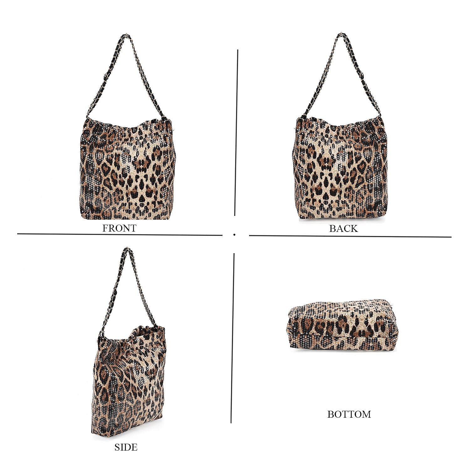 Set of 3 Leopard Print Sequin Bag (Includes Shoulder Bag, Crossbody Bag - Clutch Bag) - Brown