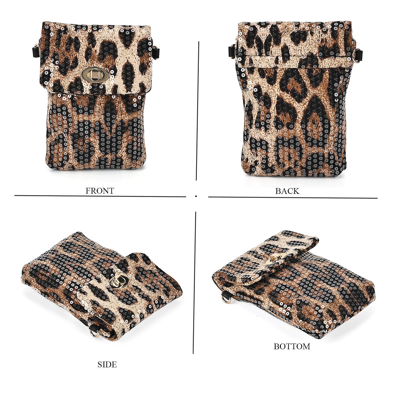 Set of 3 Leopard Print Sequin Bag (Includes Shoulder Bag, Crossbody Bag - Clutch Bag) - Brown