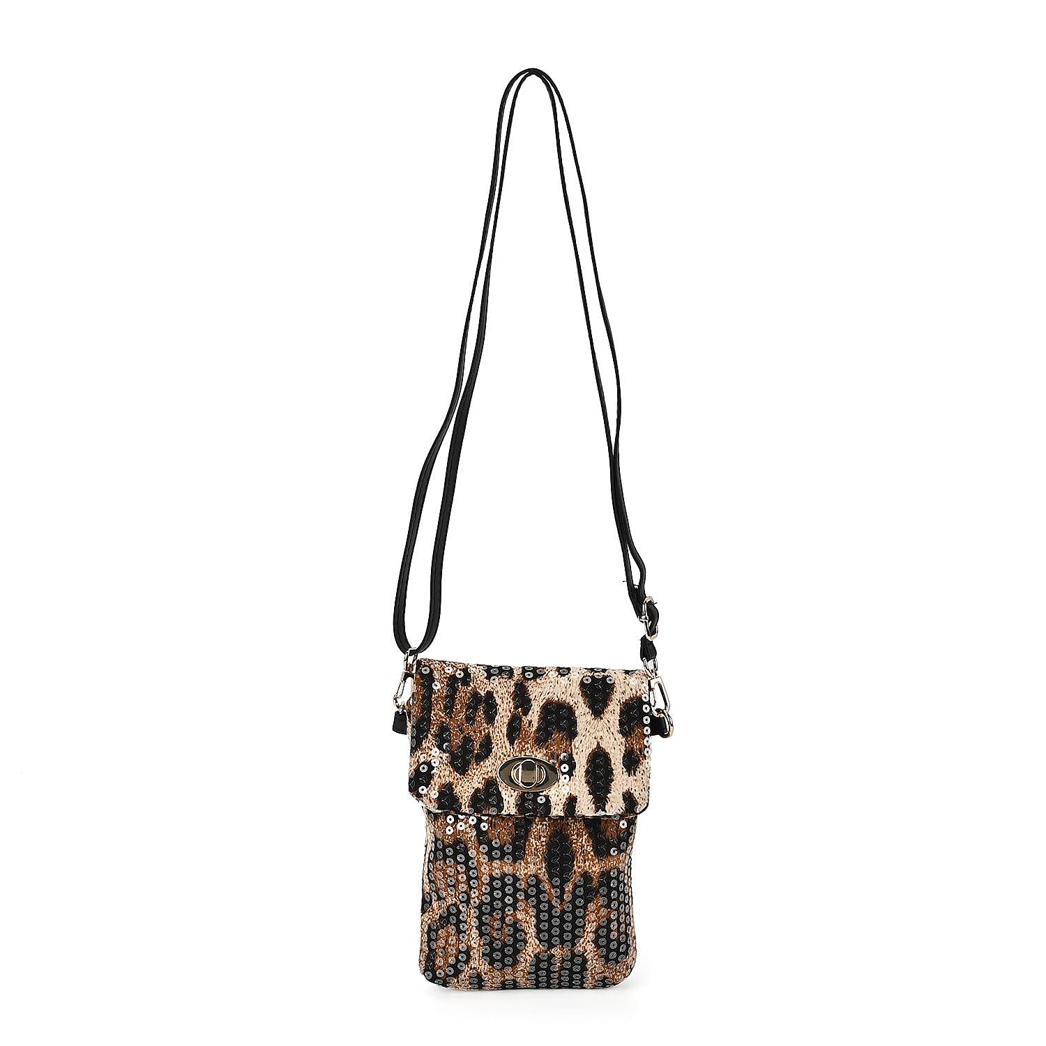 Set of 3 Leopard Print Sequin Bag (Includes Shoulder Bag, Crossbody Bag - Clutch Bag) - Brown