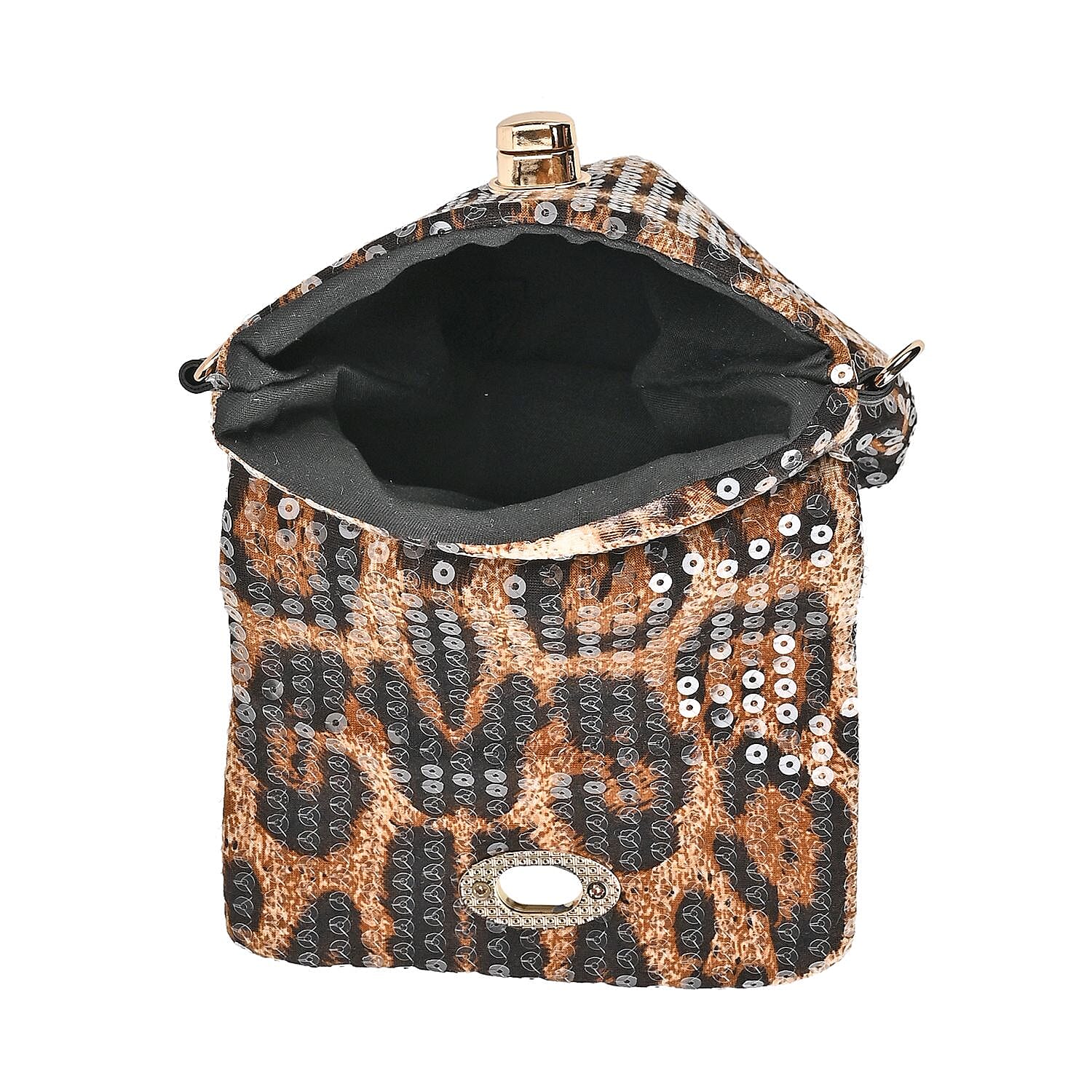 Set of 3 Leopard Print Sequin Bag (Includes Shoulder Bag, Crossbody Bag - Clutch Bag) - Brown