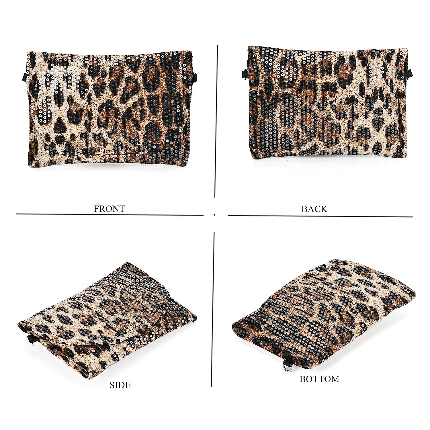 Set of 3 Leopard Print Sequin Bag (Includes Shoulder Bag, Crossbody Bag - Clutch Bag) - Brown
