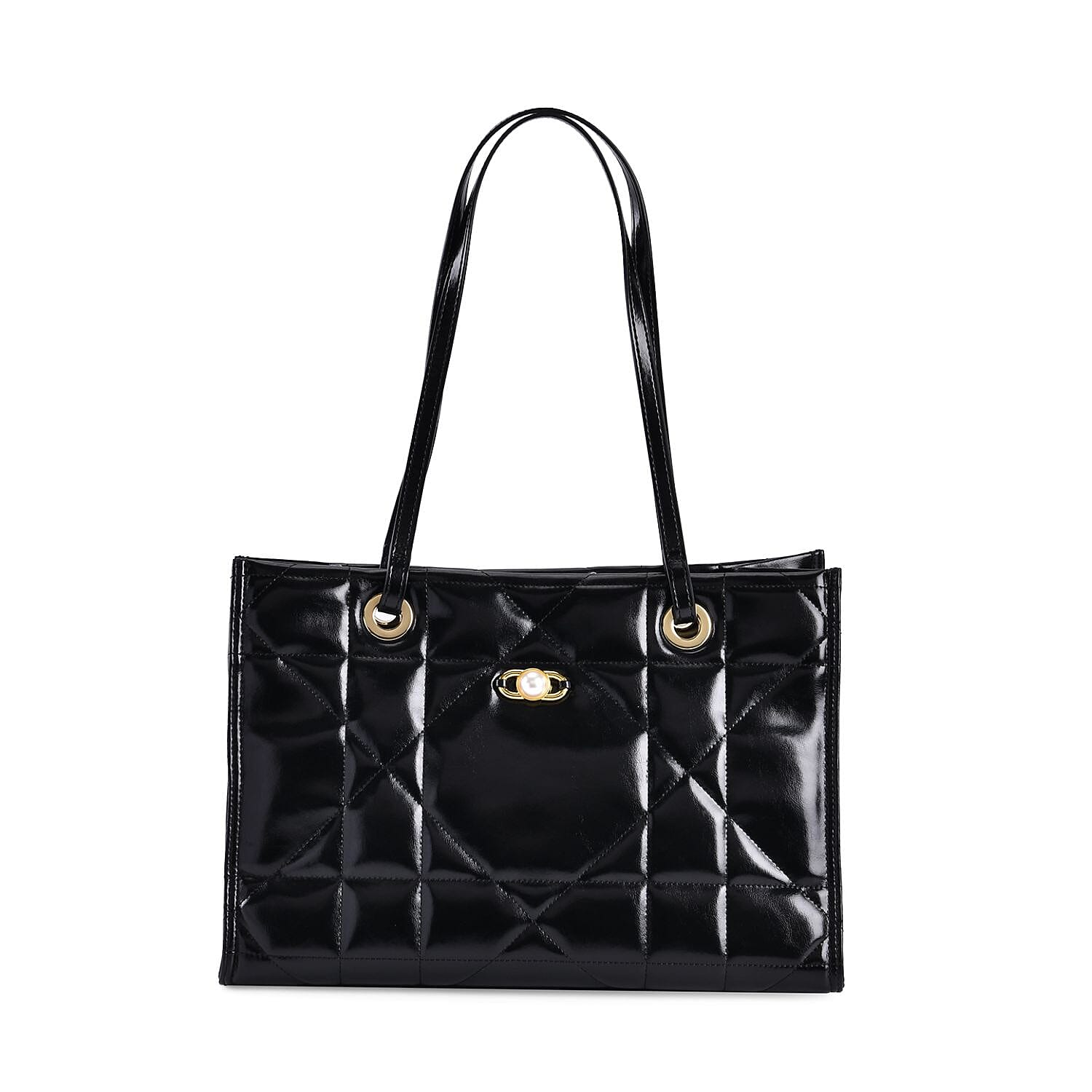 MEGA CLOSEOUT DEAL- Designer Genuine Leather Geometric Pattern Quilted Tote Bag - Black