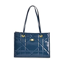 Genuine Leather Geometric Pattern Quilted Tote Bag - Black