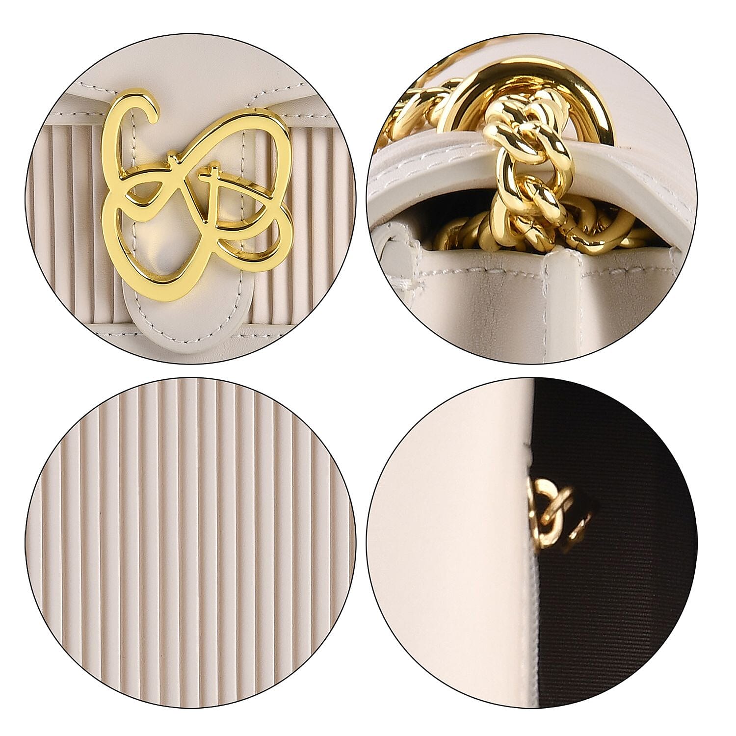 Designer Inspired - Genuine Leather Pleated Pattern Crossbody bag with Long Shoulder Chain Strap (120 cm) - White