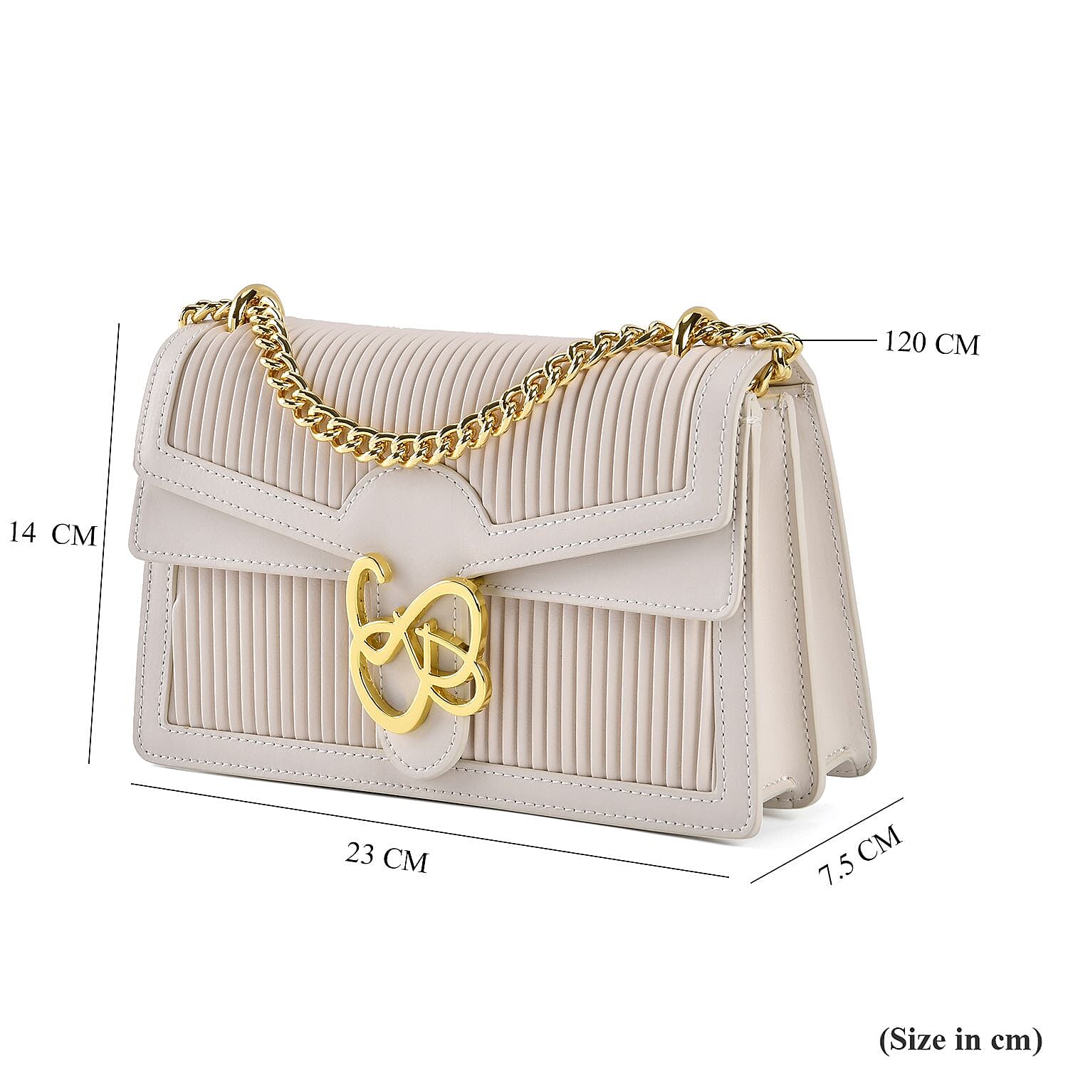 Designer Inspired - Genuine Leather Pleated Pattern Crossbody bag with Long Shoulder Chain Strap (120 cm) - White