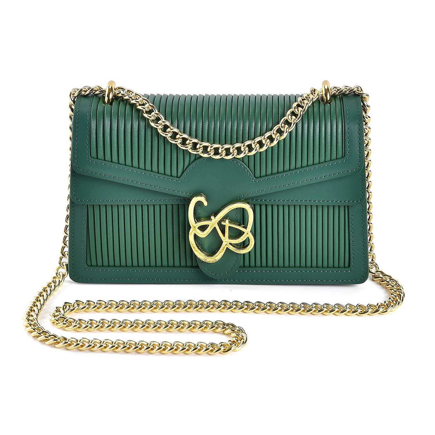 Designer Inspired - Genuine Leather Pleated Pattern Crossbody bag with Long Shoulder Chain Strap- Green