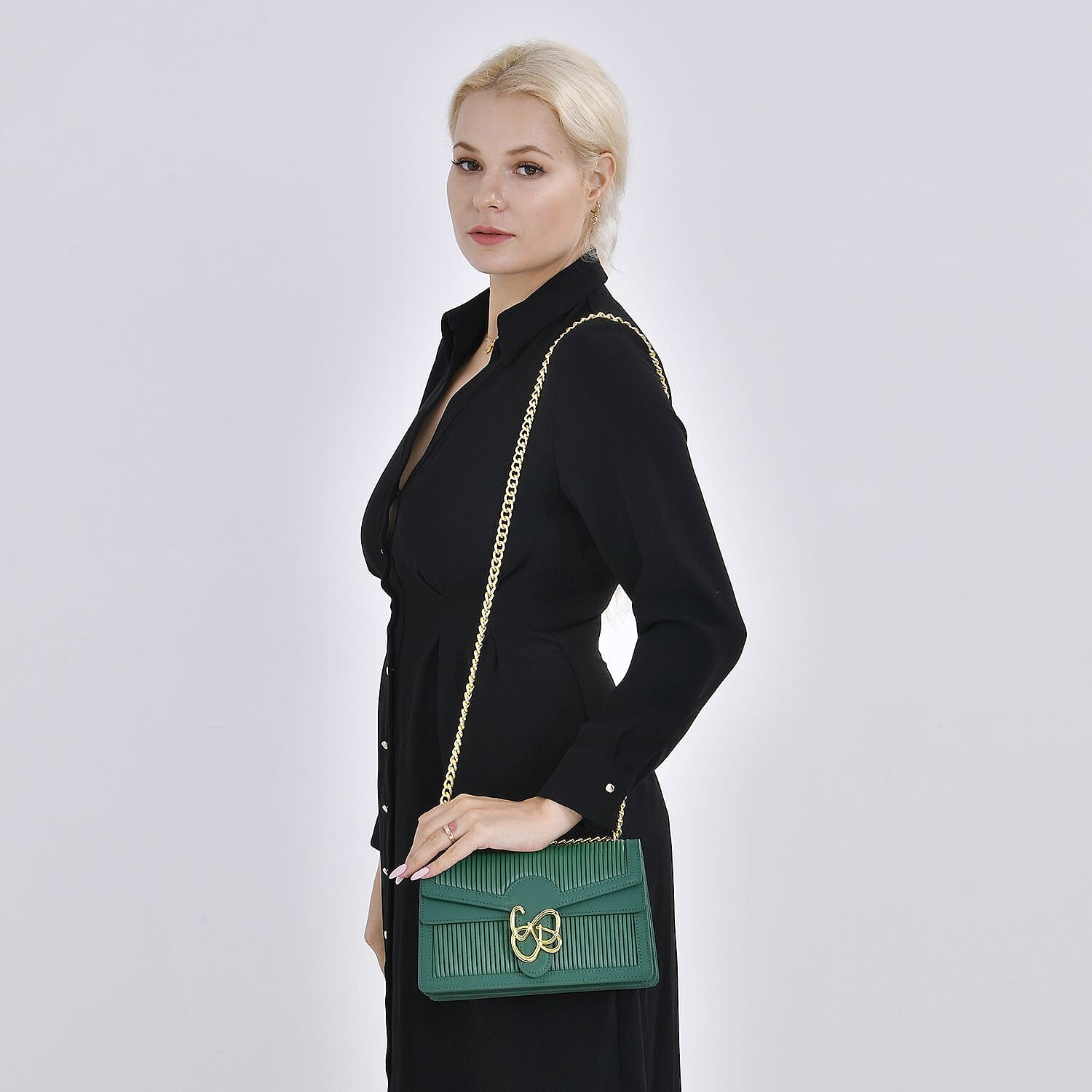 Designer Inspired - Genuine Leather Pleated Pattern Crossbody bag with Long Shoulder Chain Strap- Green
