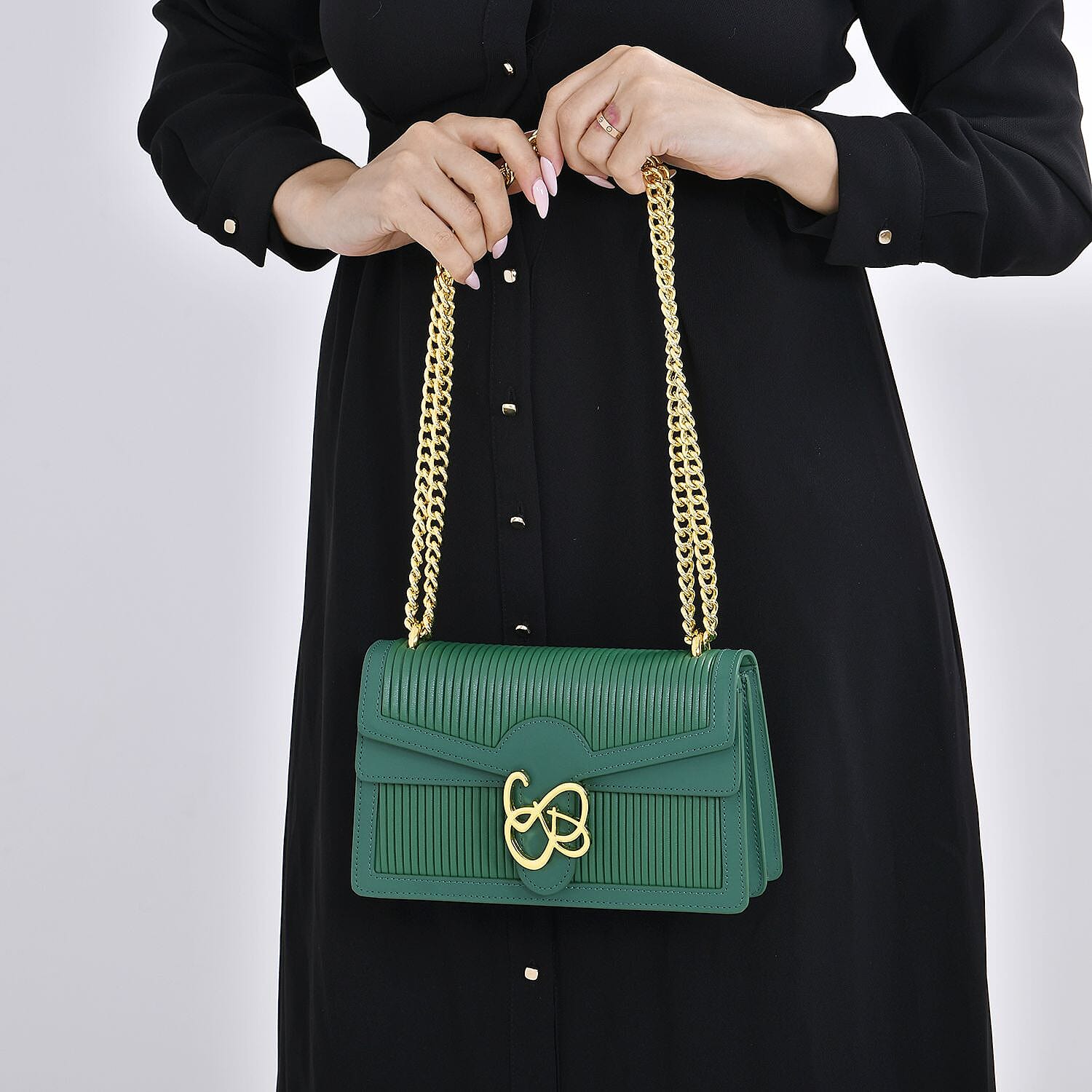 Designer Inspired - Genuine Leather Pleated Pattern Crossbody bag with Long Shoulder Chain Strap- Green