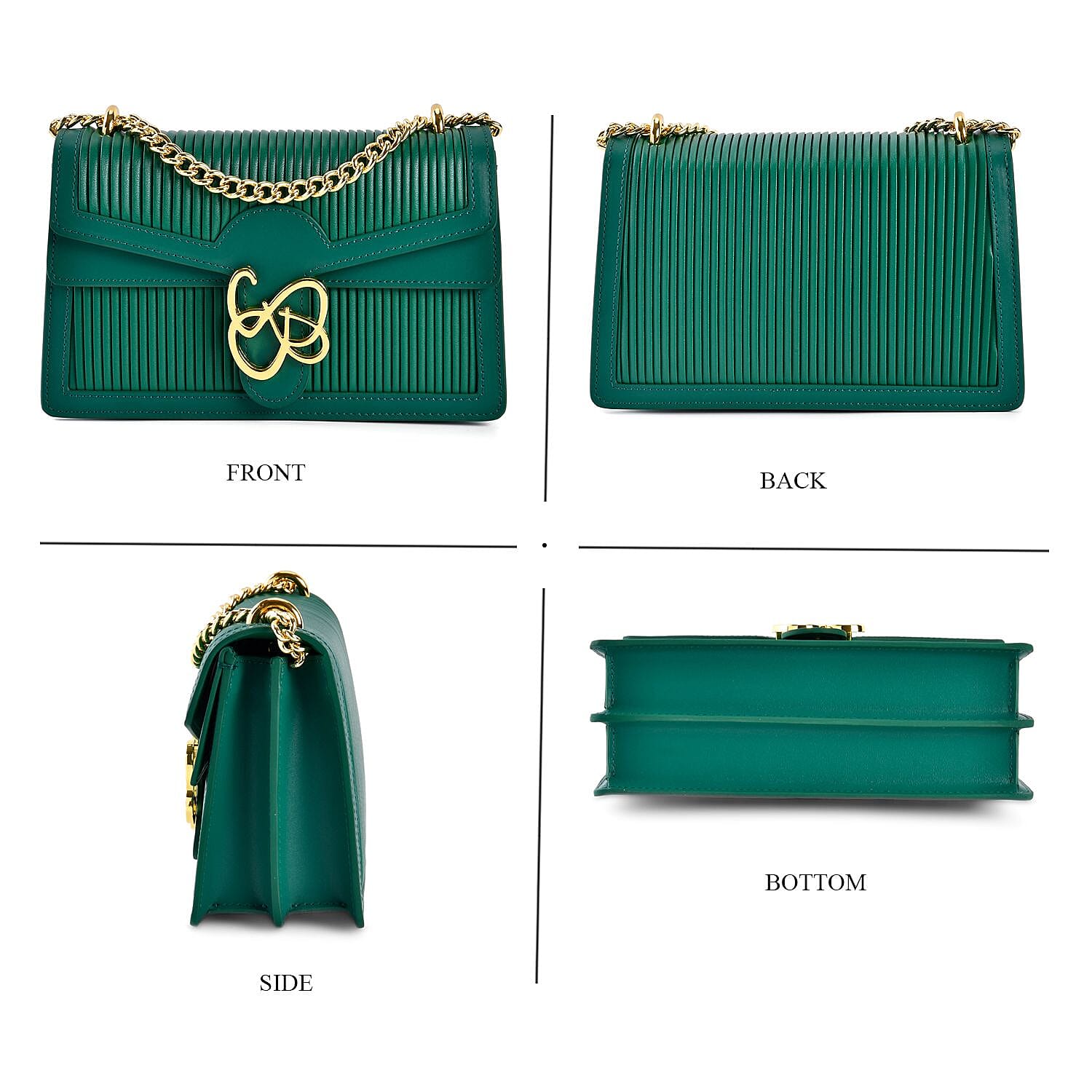 Designer Inspired - Genuine Leather Pleated Pattern Crossbody bag with Long Shoulder Chain Strap- Green