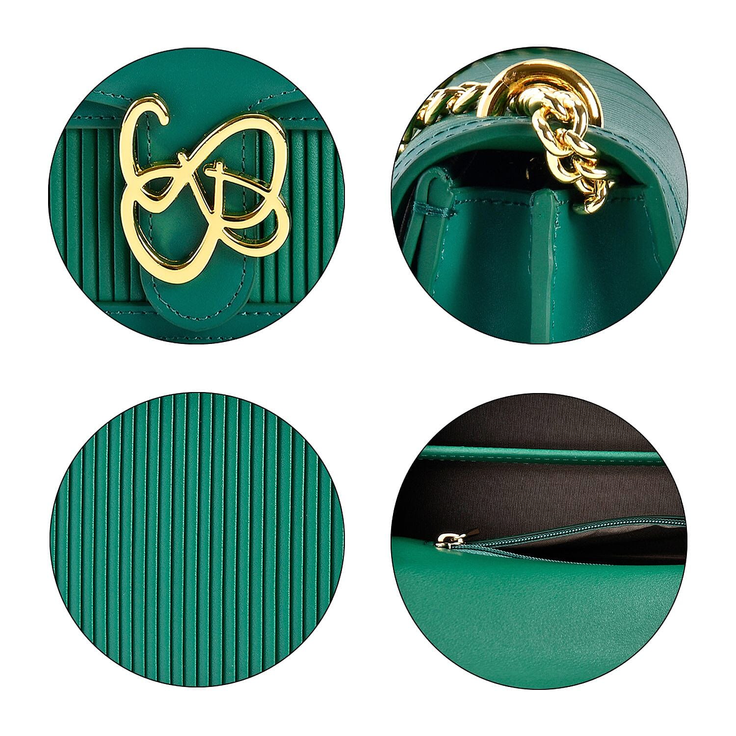 Designer Inspired - Genuine Leather Pleated Pattern Crossbody bag with Long Shoulder Chain Strap- Green