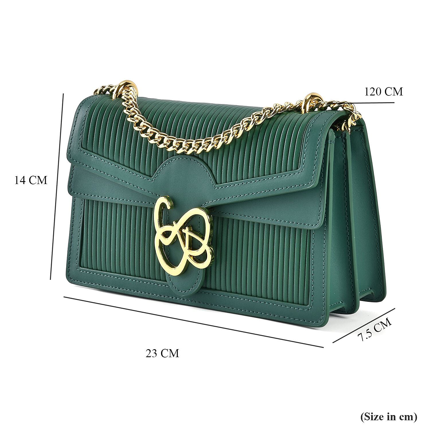 Designer Inspired - Genuine Leather Pleated Pattern Crossbody bag with Long Shoulder Chain Strap- Green