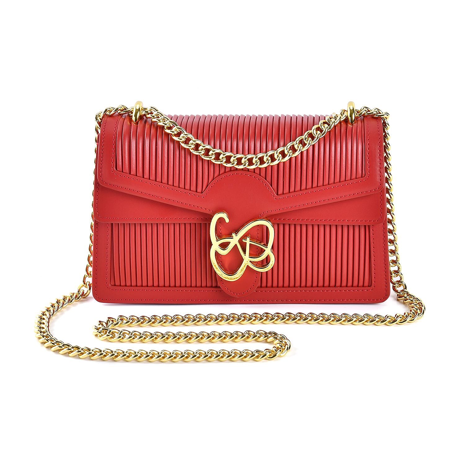 Designer Inspired - Genuine Leather Pleated Pattern Crossbody bag with Long Shoulder Chain Strap - Red