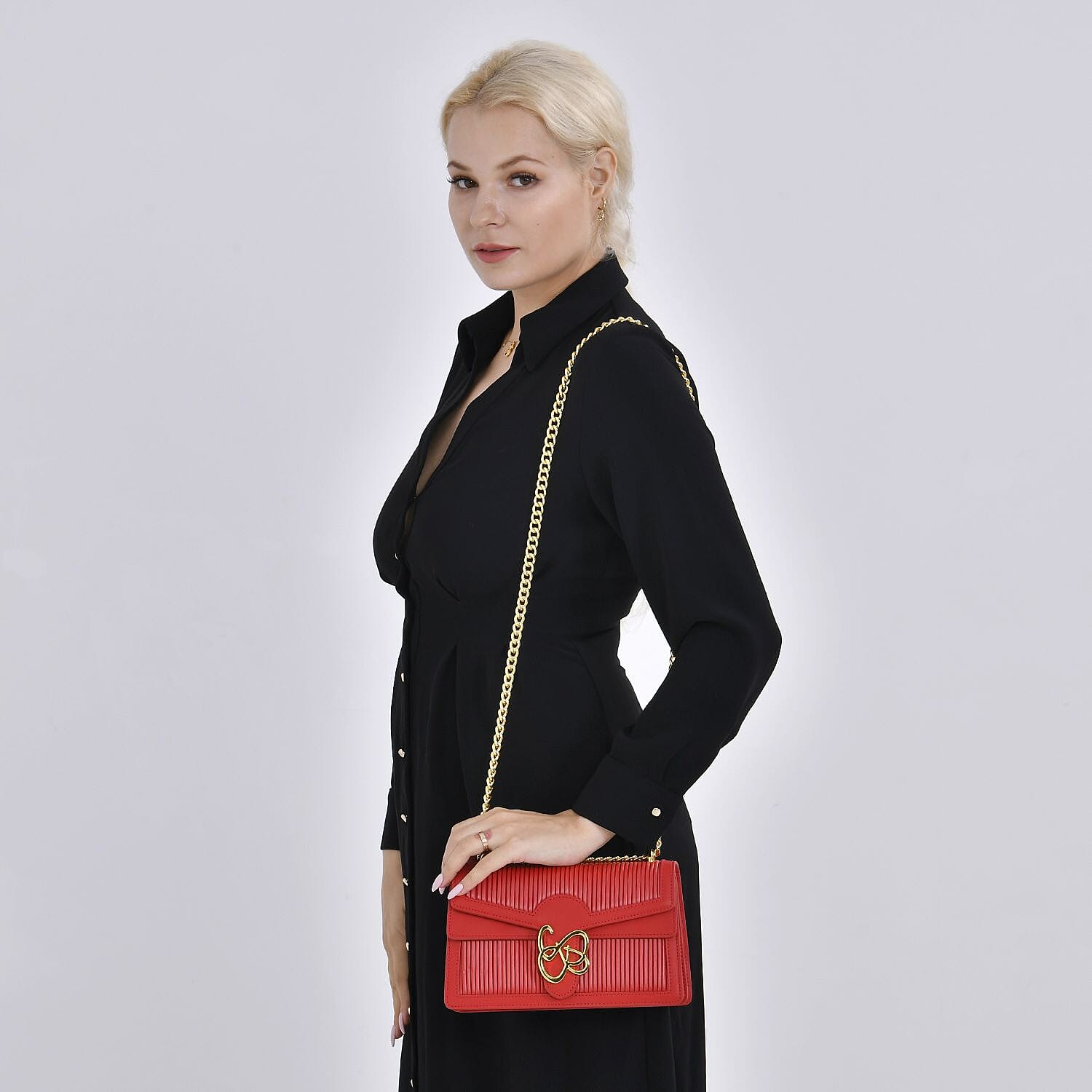 Designer Inspired - Genuine Leather Pleated Pattern Crossbody bag with Long Shoulder Chain Strap - Red