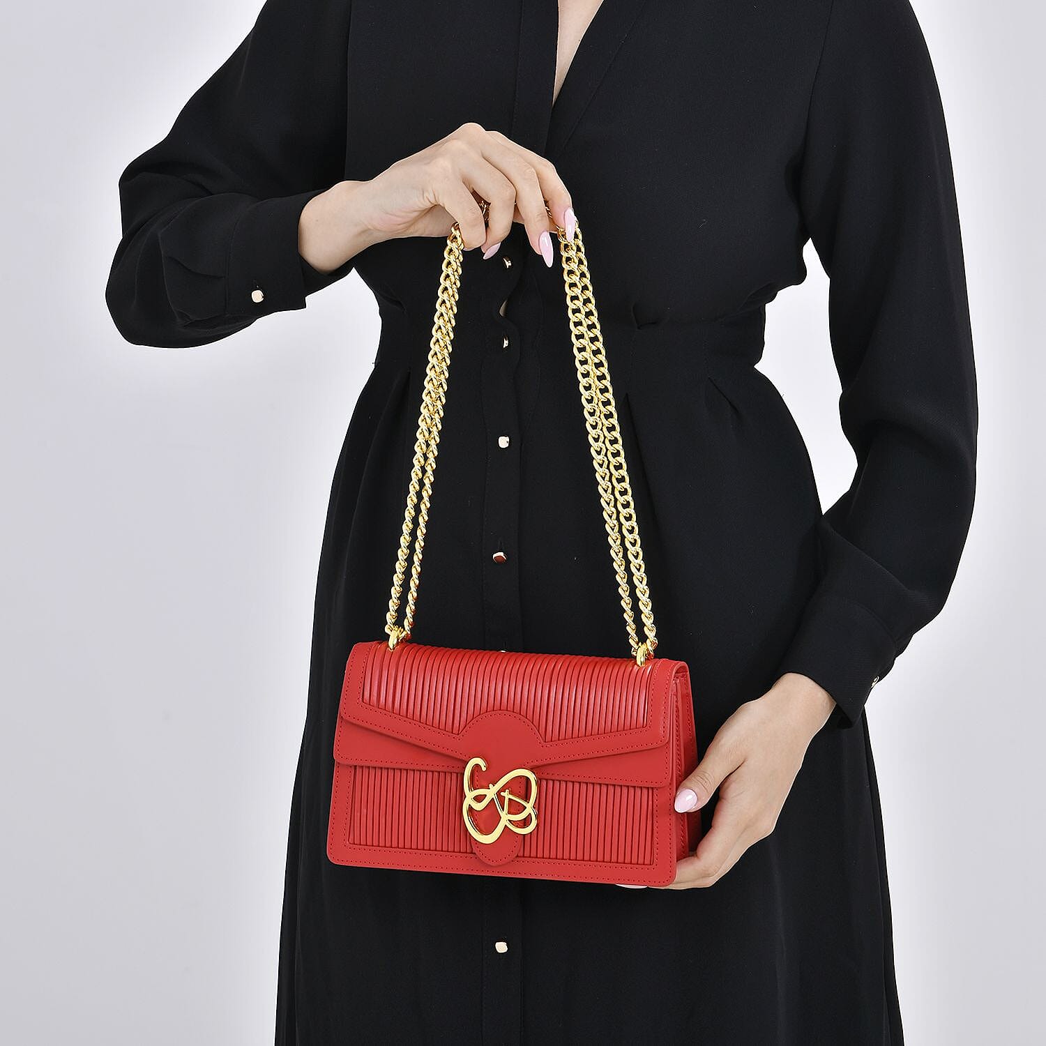 Designer Inspired - Genuine Leather Pleated Pattern Crossbody bag with Long Shoulder Chain Strap - Red