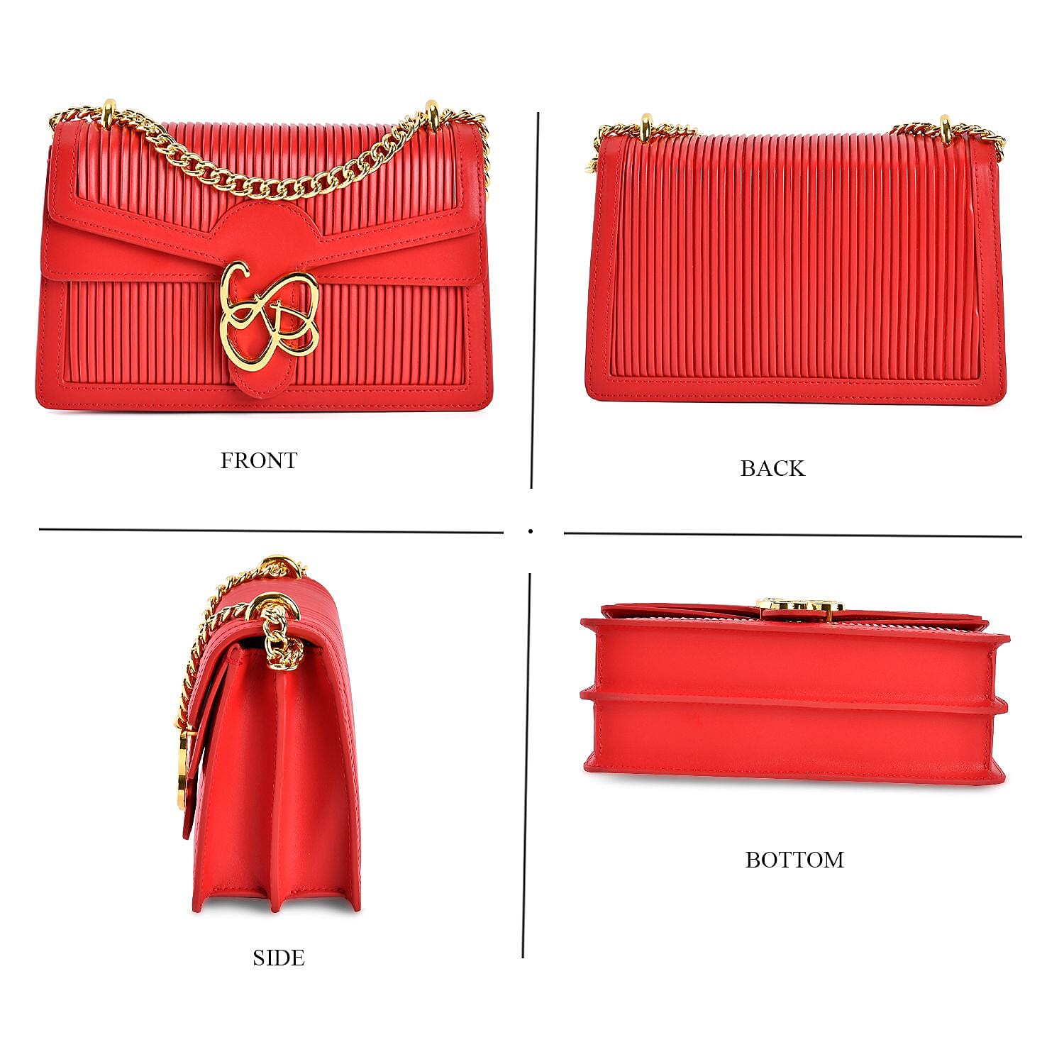 Designer Inspired - Genuine Leather Pleated Pattern Crossbody bag with Long Shoulder Chain Strap - Red