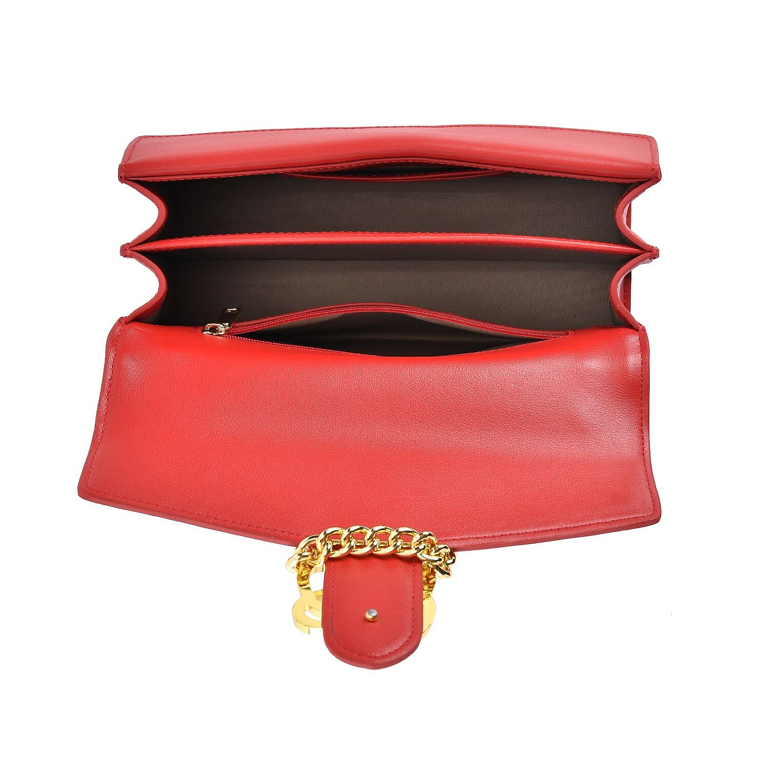 Designer Inspired - Genuine Leather Pleated Pattern Crossbody bag with Long Shoulder Chain Strap - Red