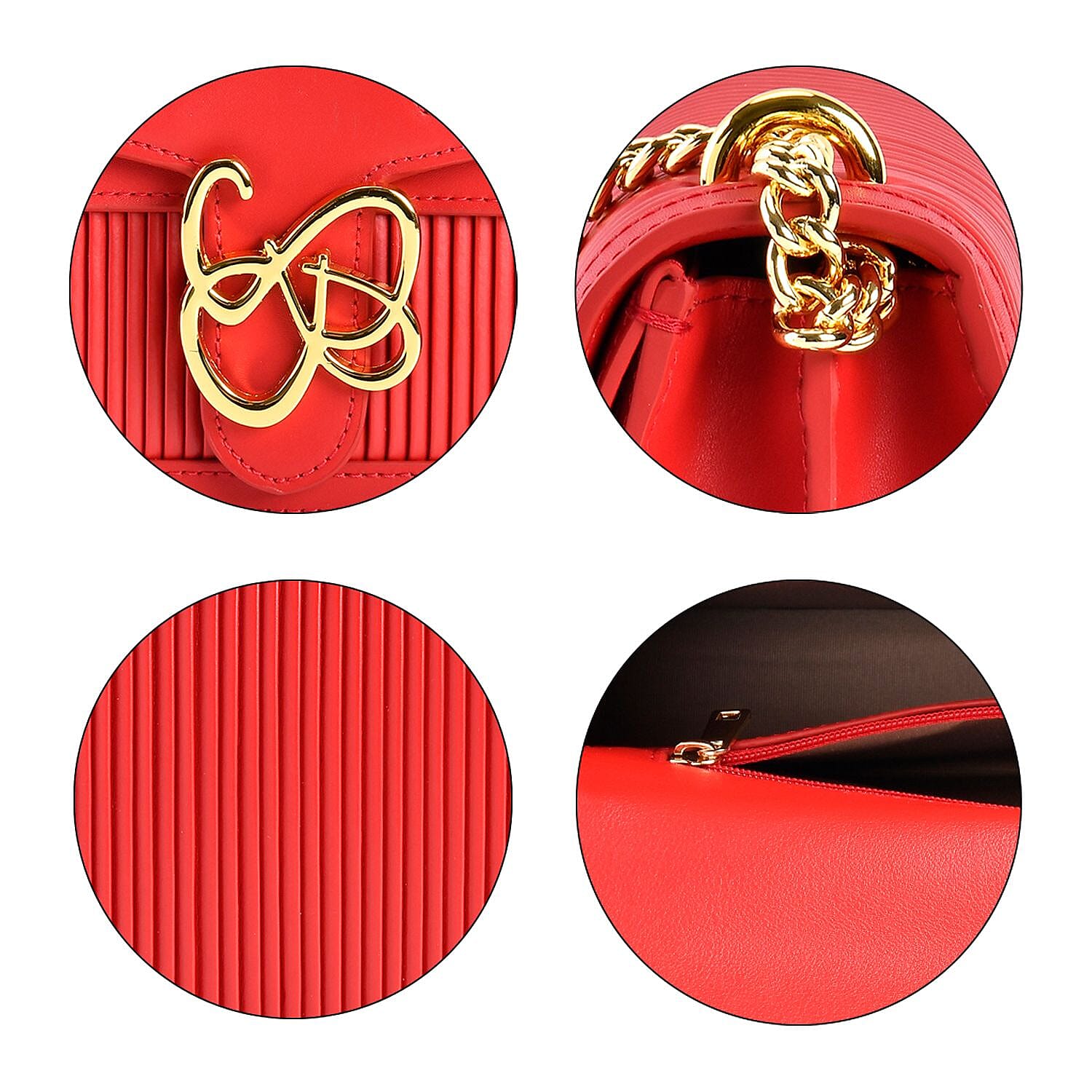 Designer Inspired - Genuine Leather Pleated Pattern Crossbody bag with Long Shoulder Chain Strap - Red